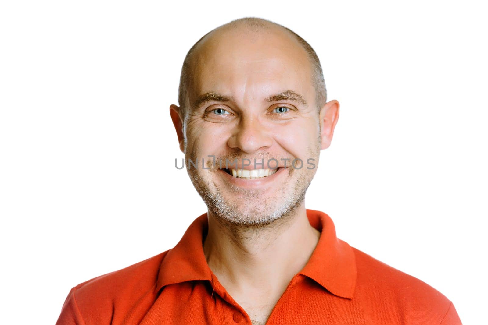Unshaven smiling man. Isolated on white. Studio