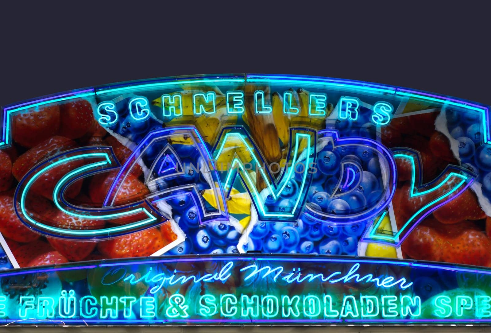 MUNICH, GERMANY – Oct. 2, 2015: Decorated Schnellers Candy Marquee at the Oktoberfest. The Festival runs from September 19th until October 4th 2015 in Munich, Germany.