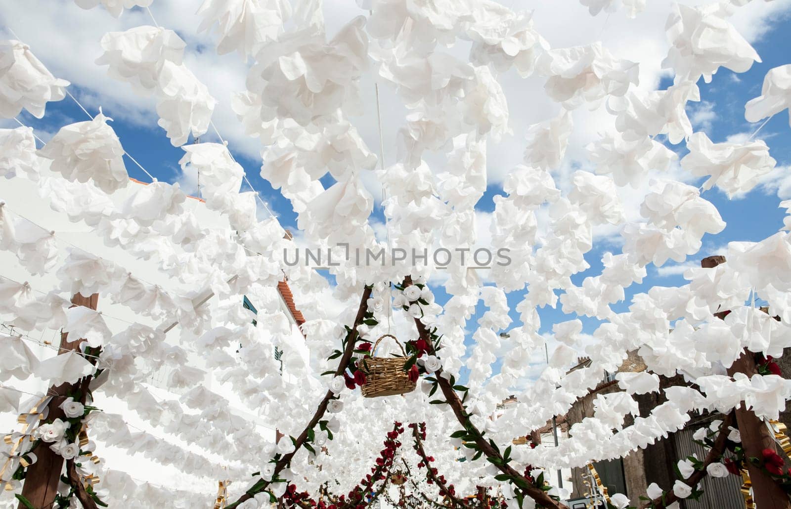 Flower festival in Campo Maior with paper flowers decorared streets, Portugal
