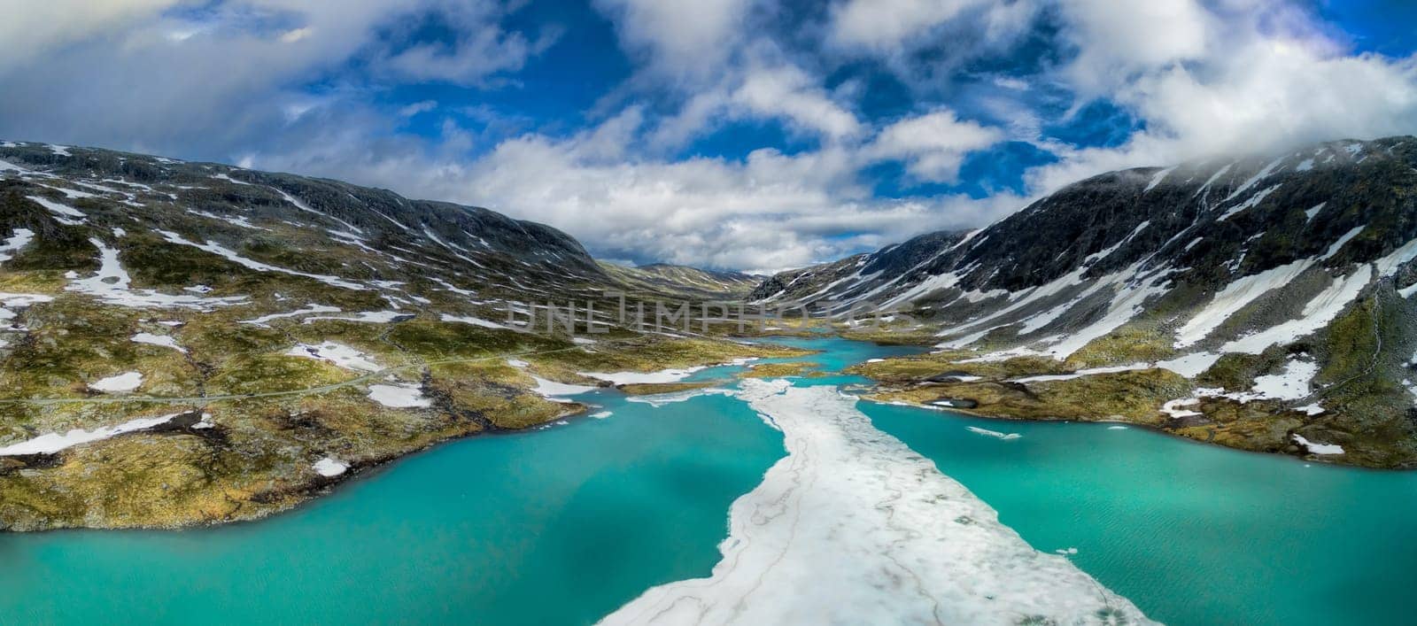 Scenic aerial panorama of mountain lake in Norway, Gamle Strynefjellsvegen national tourist road