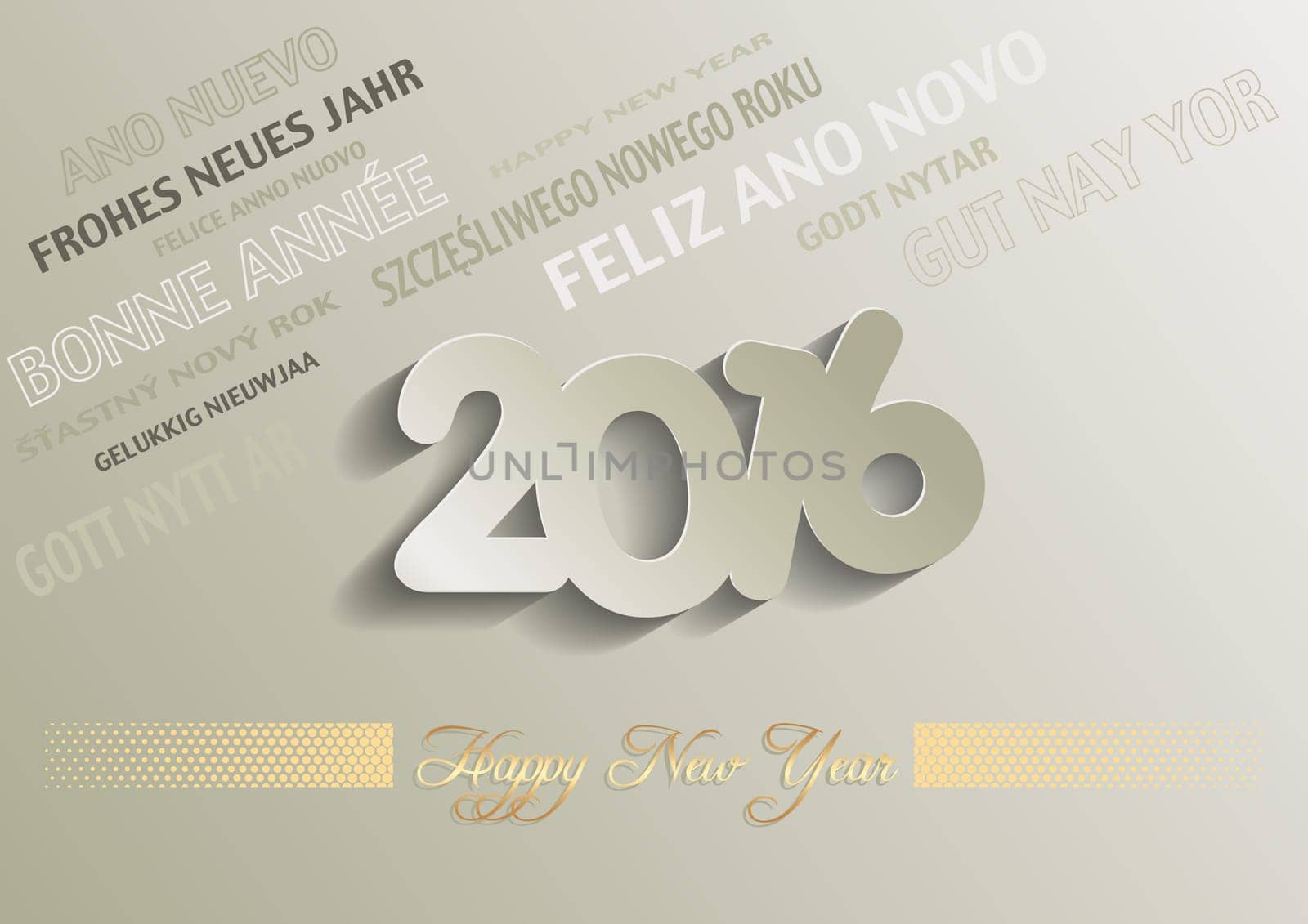 Happy New Year 2016 Greeting Card - Multilingual Texts, Illustration