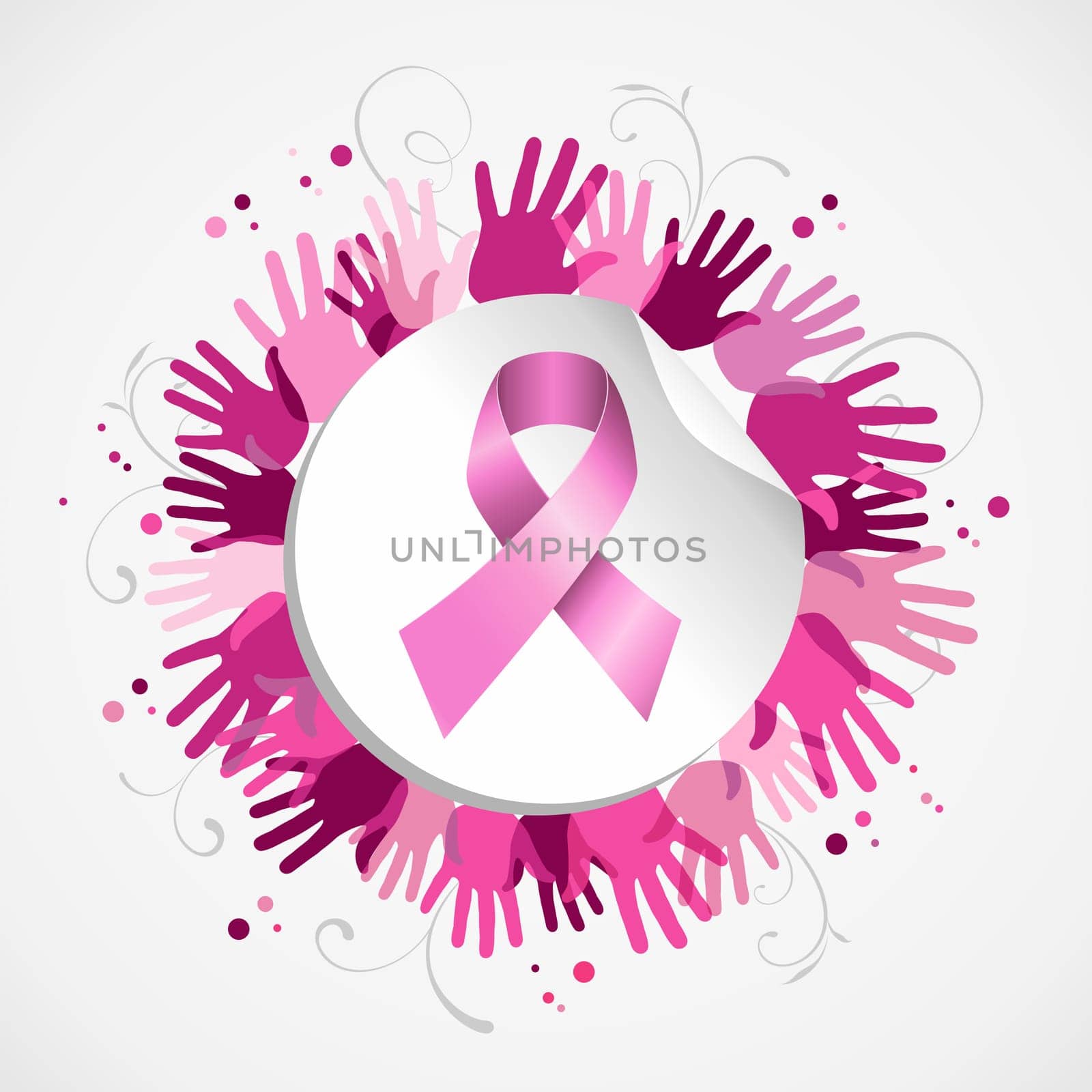 Breast cancer awareness social support hand poster with pink ribbon badge. EPS10 vector.