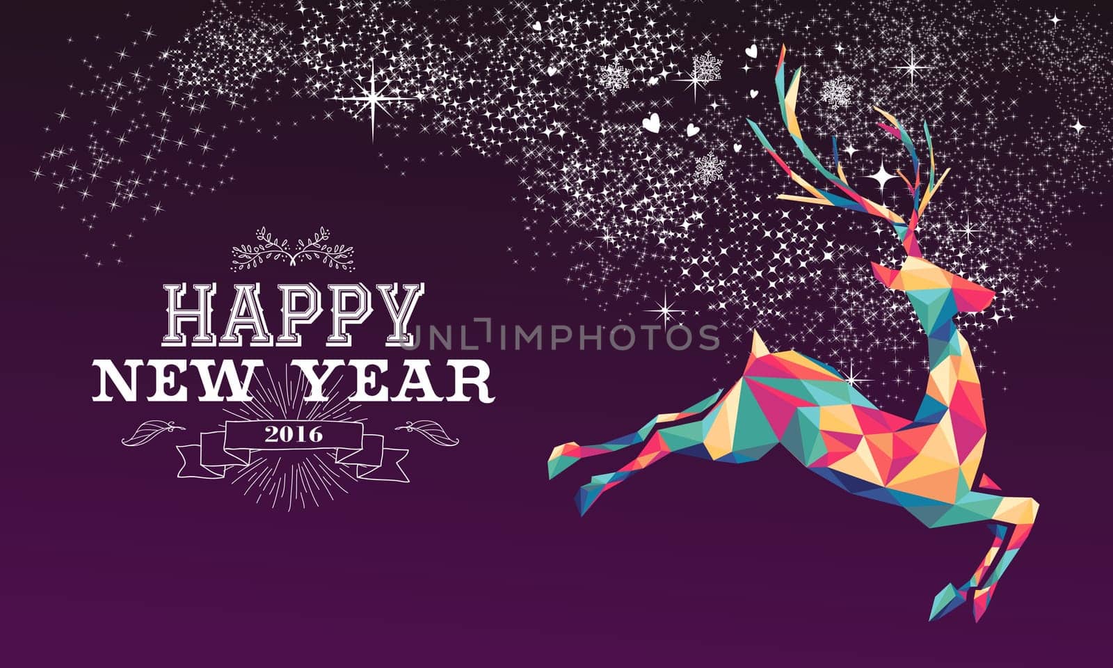 Happy new year 2016 greeting card or poster design with colorful triangle reindeer and vintage label illustration. EPS10 vector...
