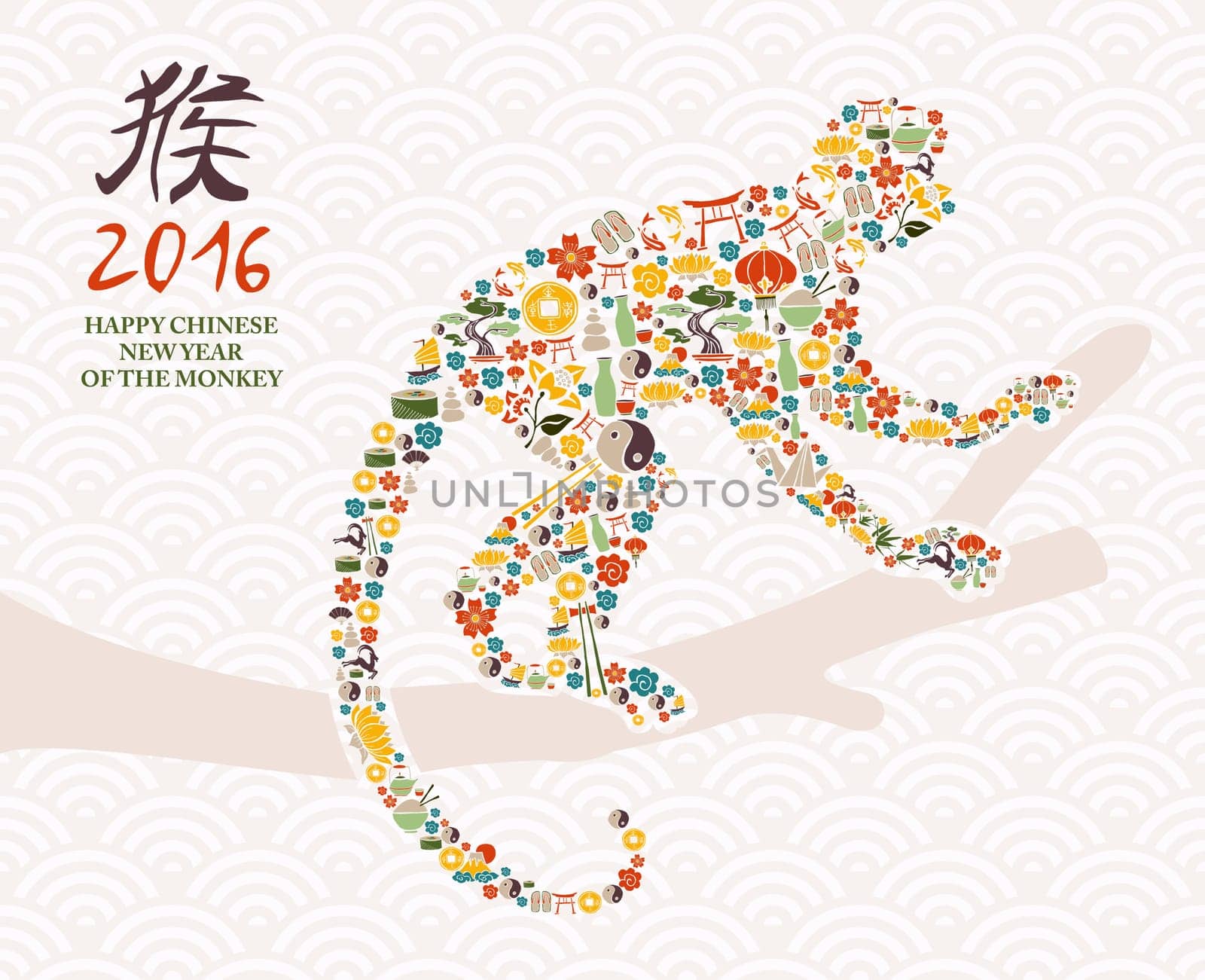 2016 Happy Chinese New Year of the Monkey with China cultural element icons making ape silhouette composition. Eps10 vector.
