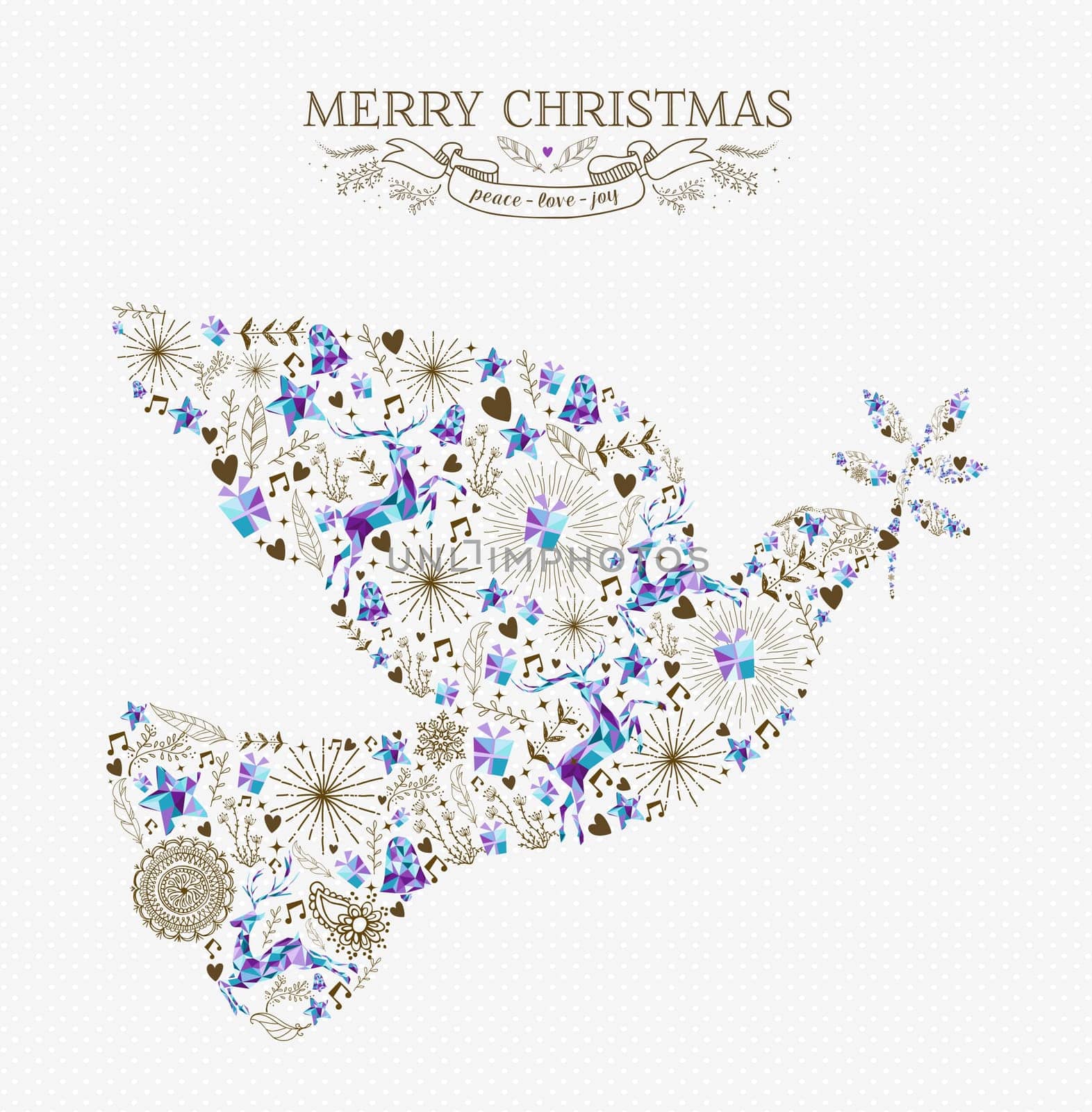 Merry christmas peace dove shape composition with reindeer and vintage holiday elements. Ideal for xmas greeting card or invitation. EPS10 vector.