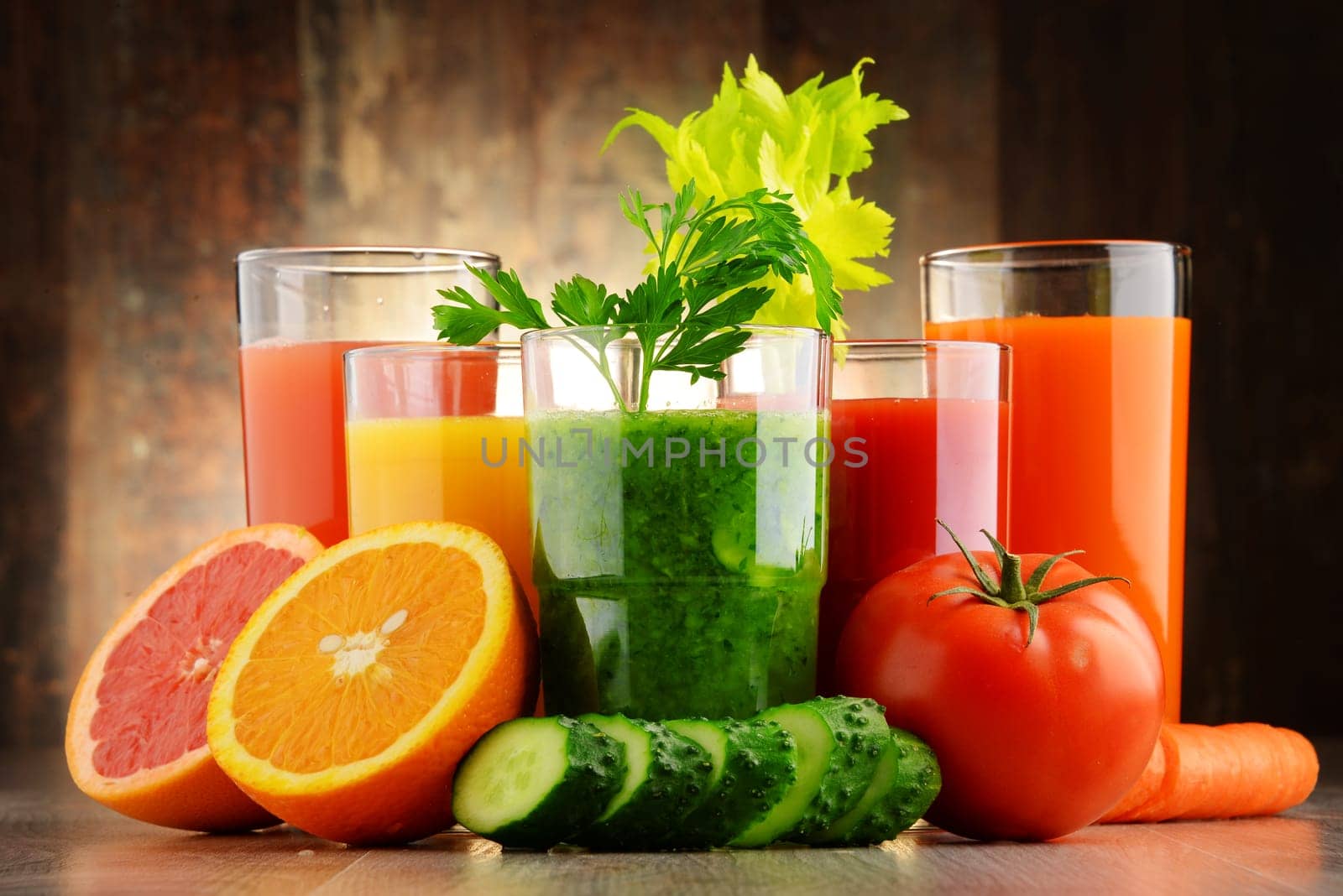 Glasses with fresh organic vegetable and fruit juices. Detox diet