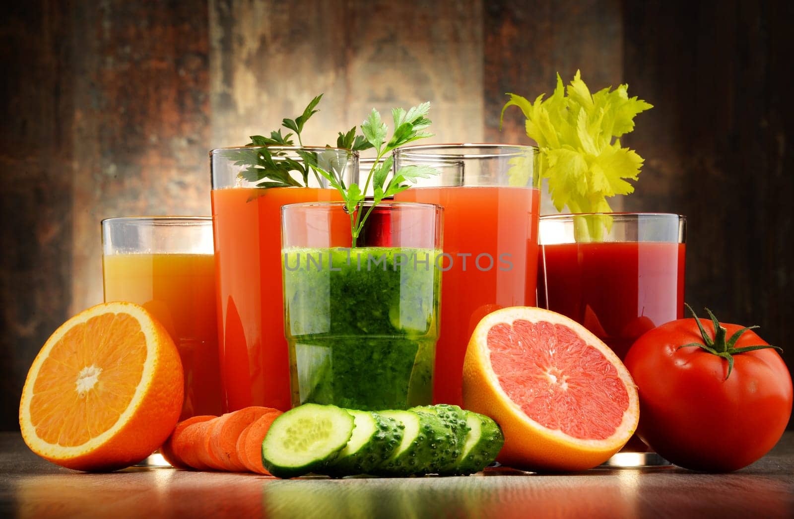 Glasses with fresh organic vegetable and fruit juices. Detox diet