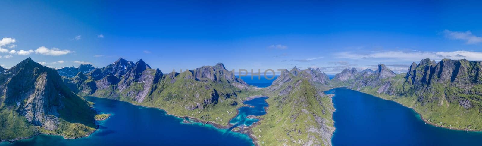 Aerial panorama of fjords on Lofoten islands in Norway