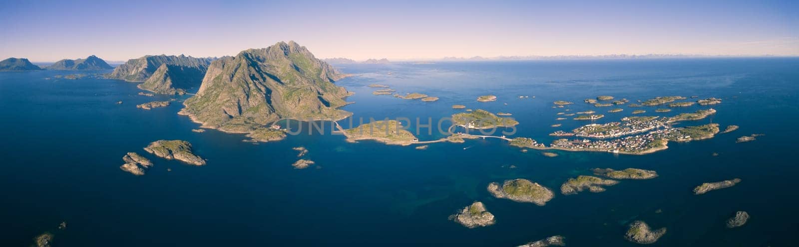 Breathtaking aerial panorama of fishing town Henningsvaer on Lofoten islands, popular tourist destination in Norway