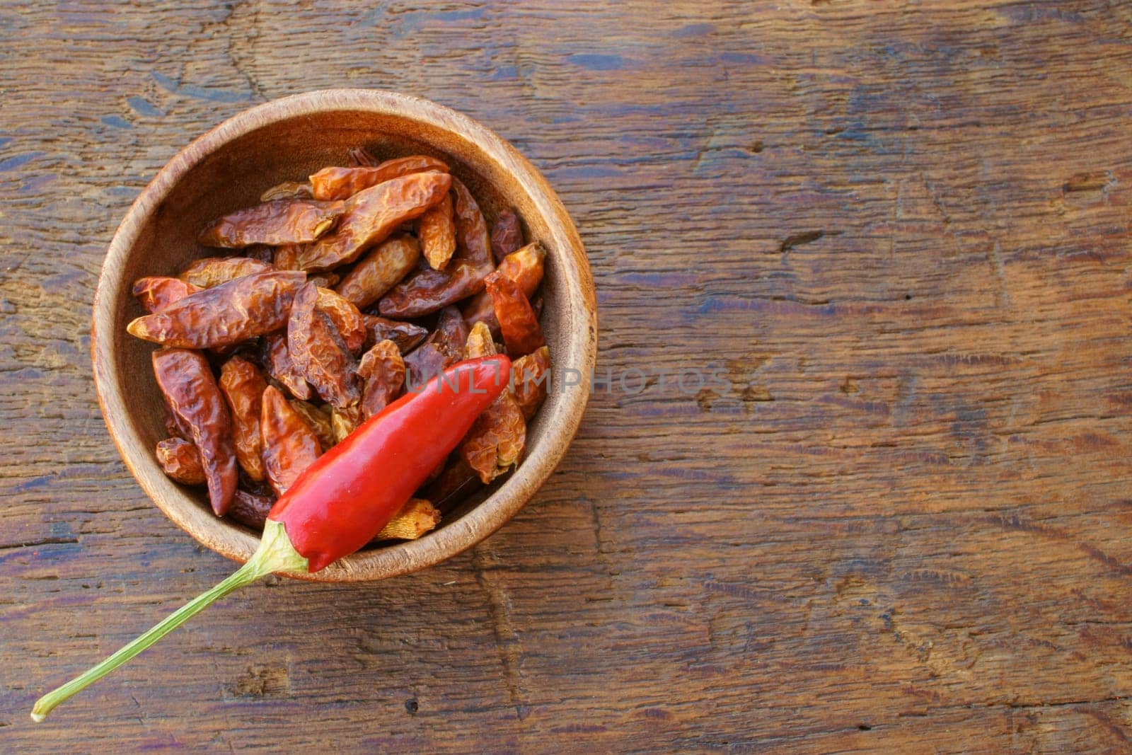 Dried chillies in wooden bowl