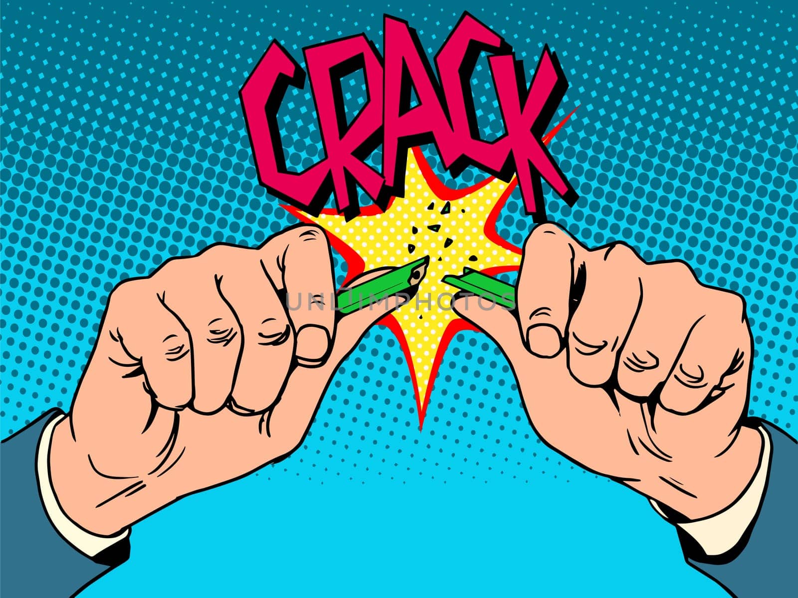 Hands breaking pencil. Creative process business concept pop art retro style