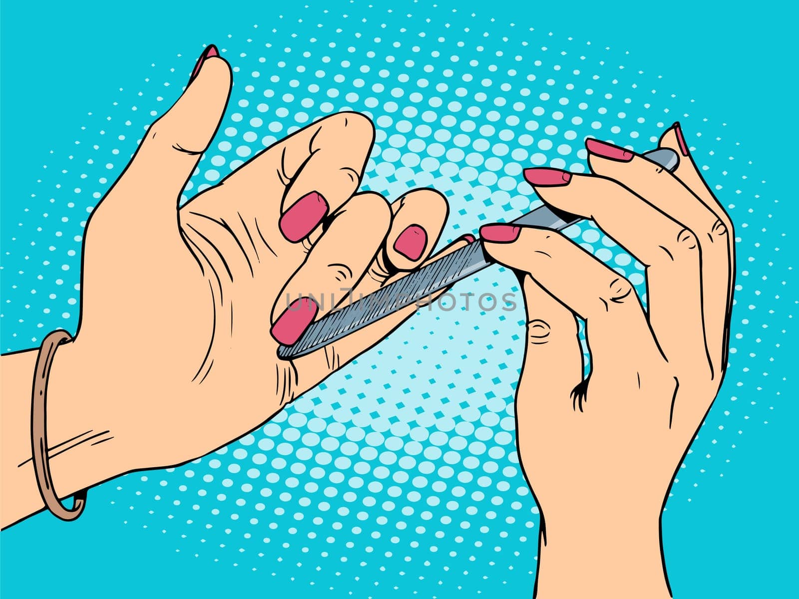 Nail care beauty woman. The girl cares for the hands pop art retro style