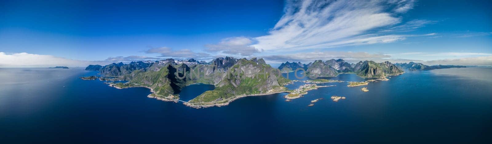 Breathtaking panorama of Lofoten islands in arctic Norway with scenic mountain peaks and fjords