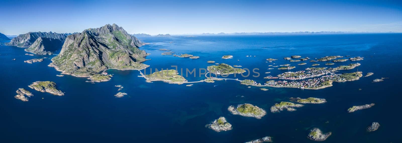 Beautiful aerial panorama of Henningsvaer, scenic fishing village on Lofoten islands, Norway