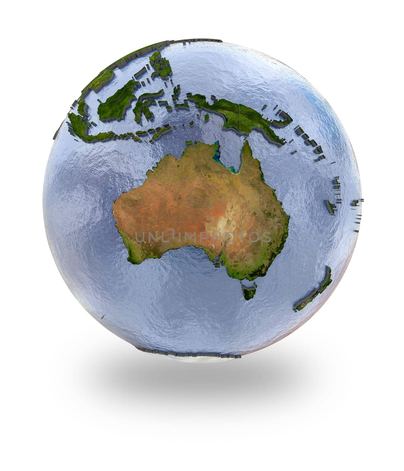 Highly detailed planet Earth with embossed continents and visible country borders featuring Australia. Isolated on white background. Elements of this image furnished by NASA.