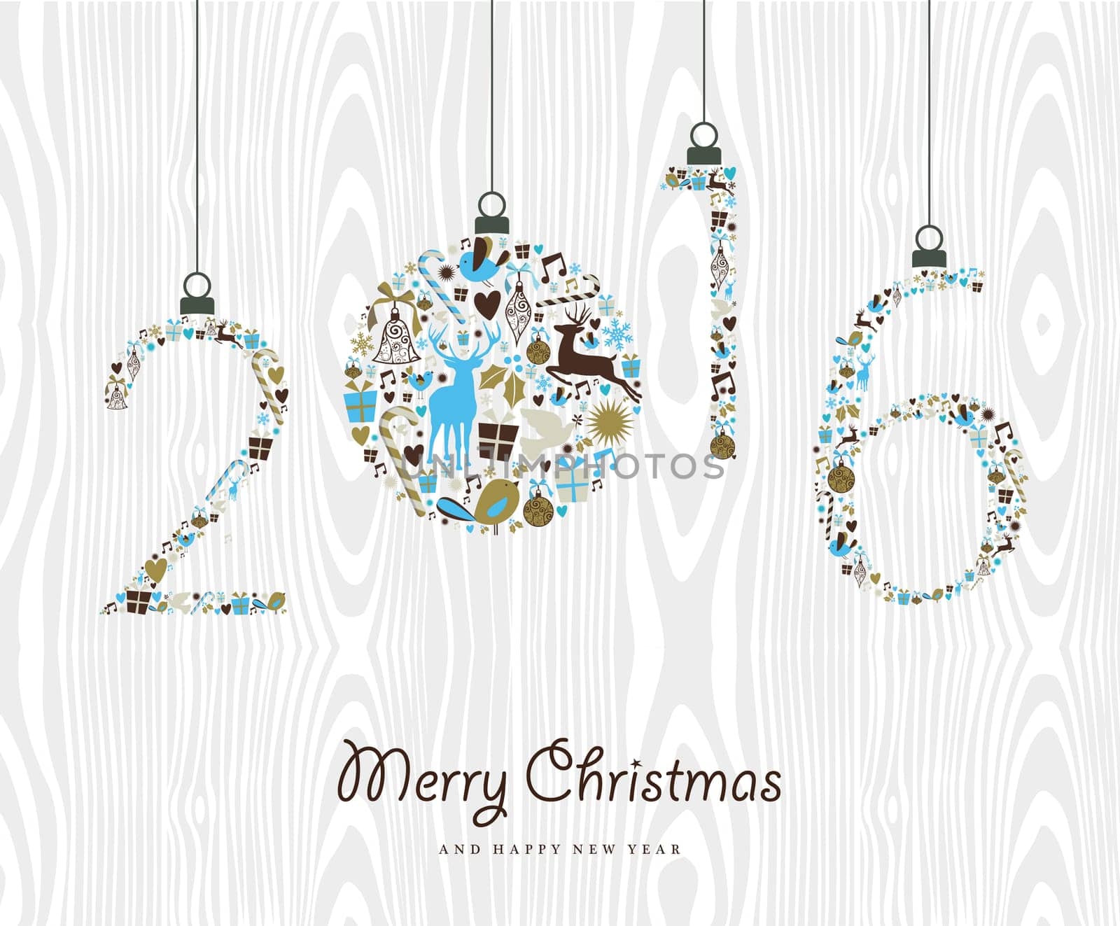Merry Christmas and Happy New Year 2016 vintage xmas ornaments, hipster wood background. Ideal for holiday party invitation or greeting card. EPS10 vector.