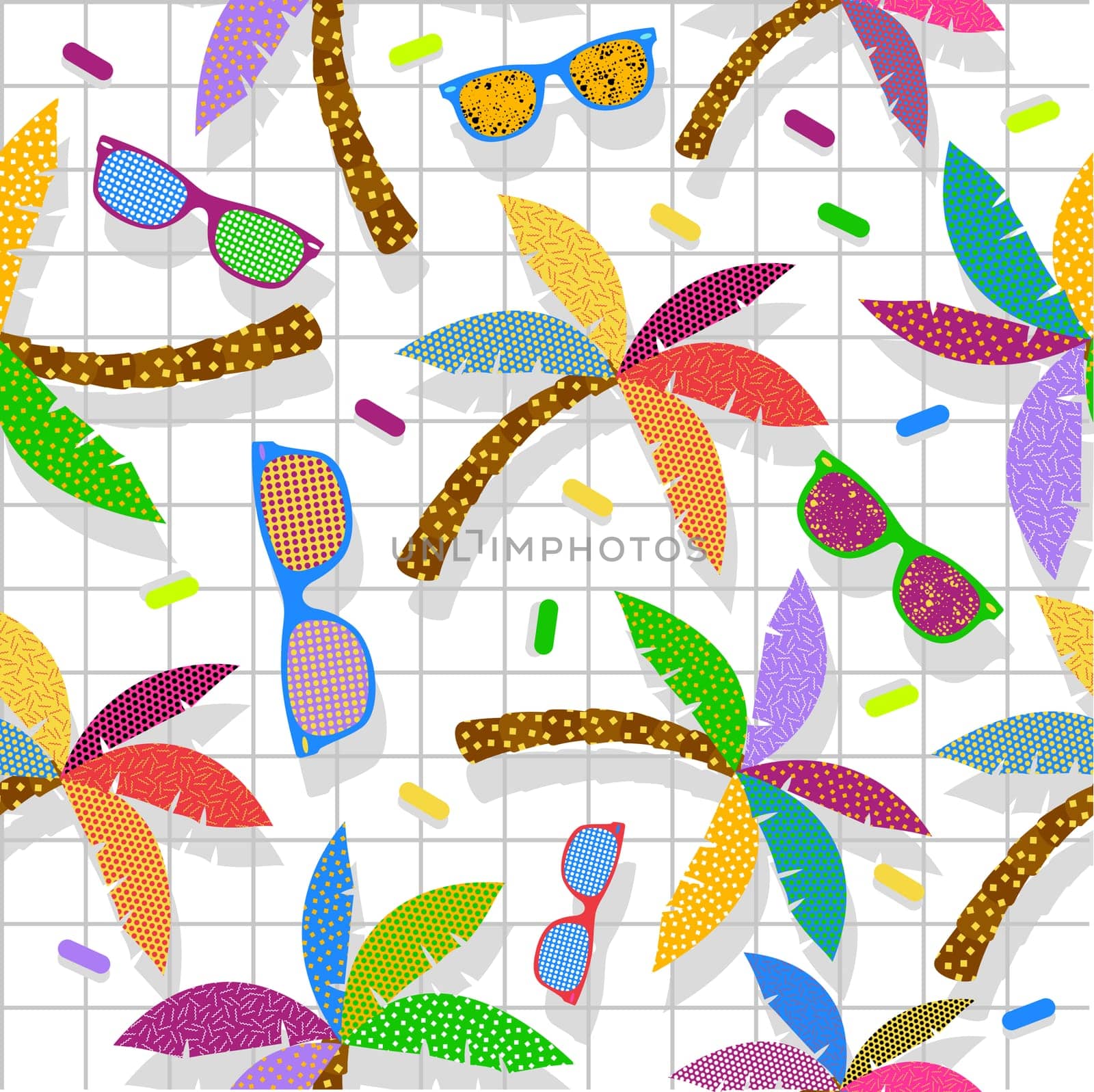 Retro vintage 80s memphis hipster beach seamless pattern with sunglasses and palmtrees. Ideal for fabric design, paper print and web background. EPS10 vector file.