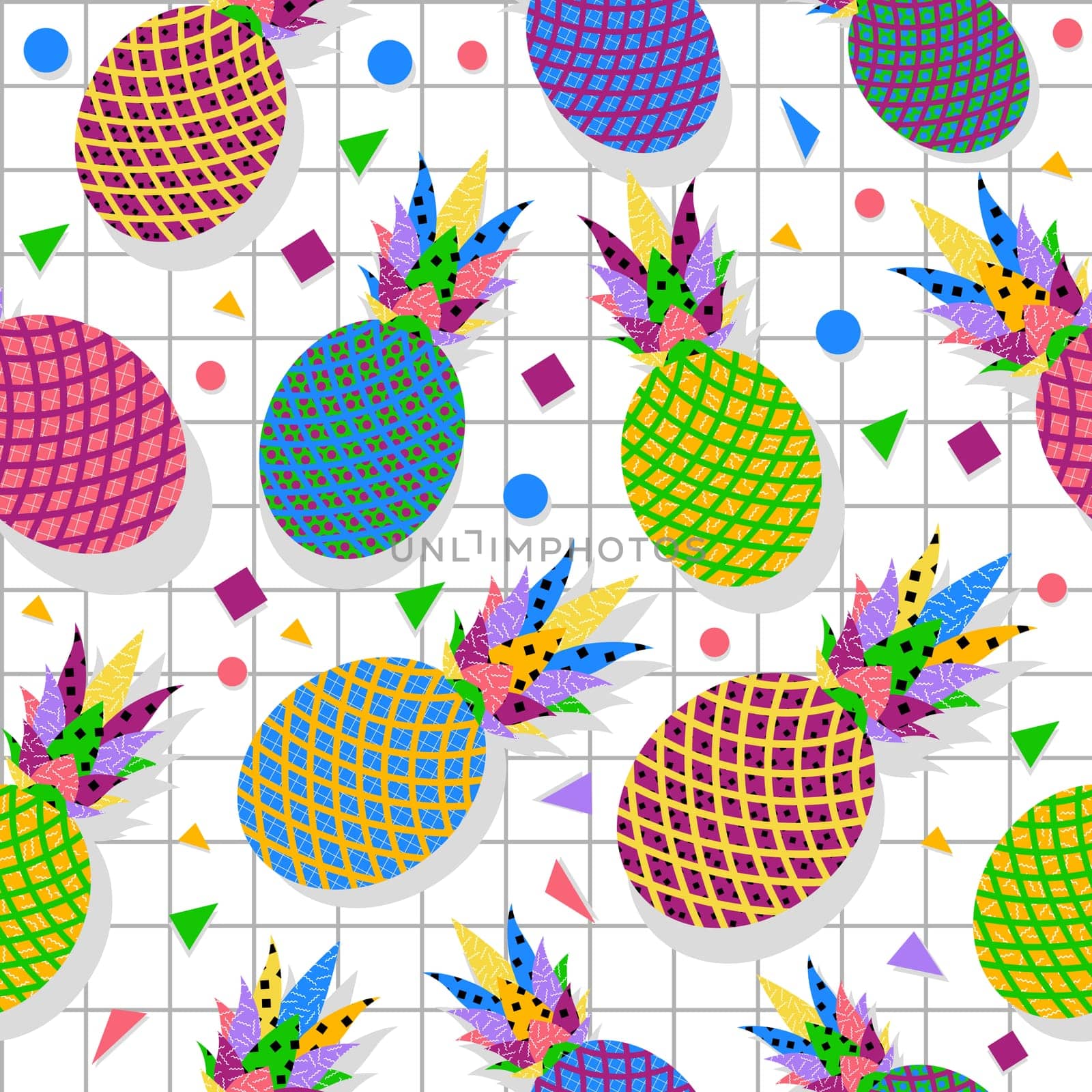 Retro vintage 80s memphis pineapple fruit seamless pattern background. Ideal for fabric design, paper print and web backdrop. EPS10 vector file.