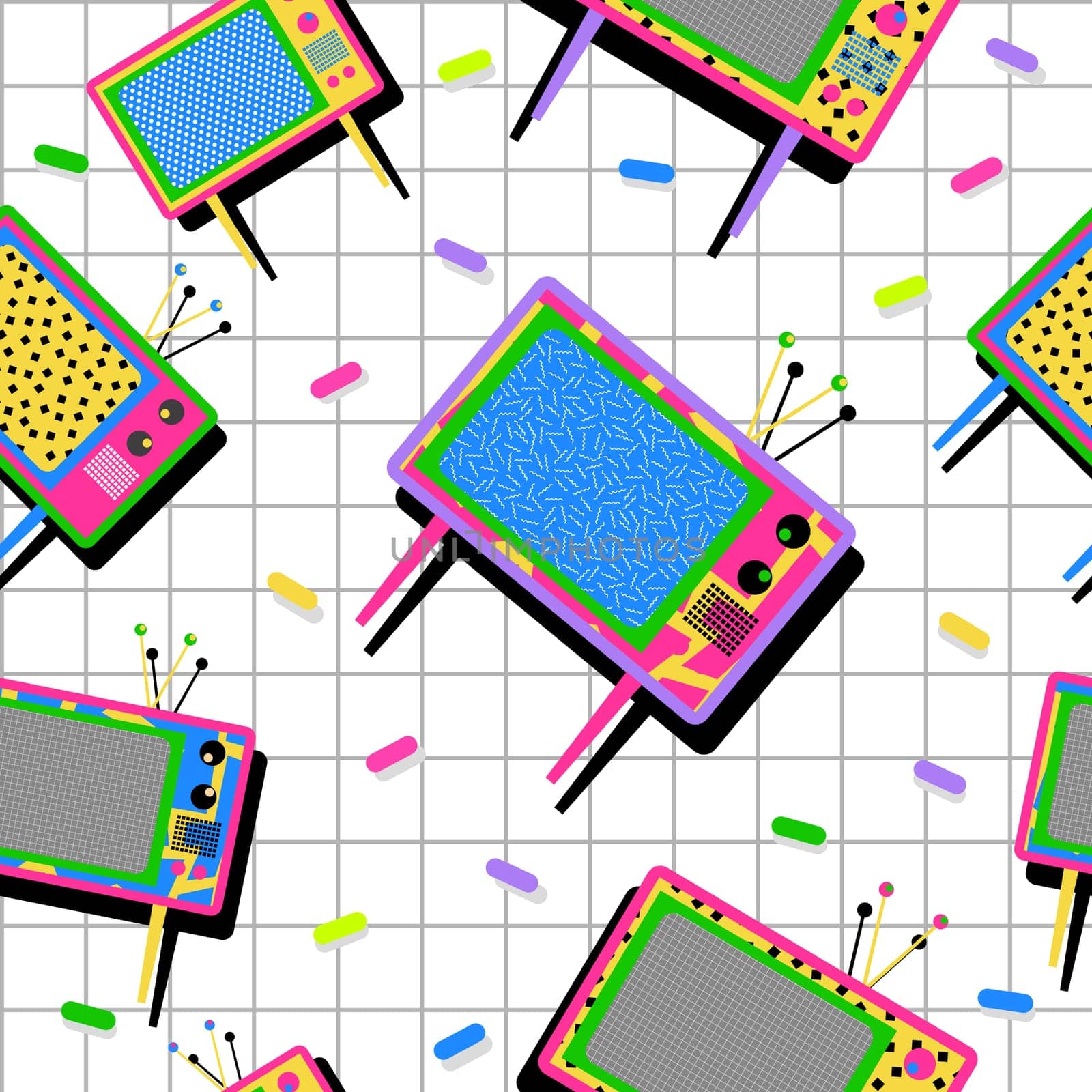 Retro vintage 80s memphis neon color tv elements seamless pattern background. Ideal for fabric design, paper print and web backdrop. EPS10 vector file.