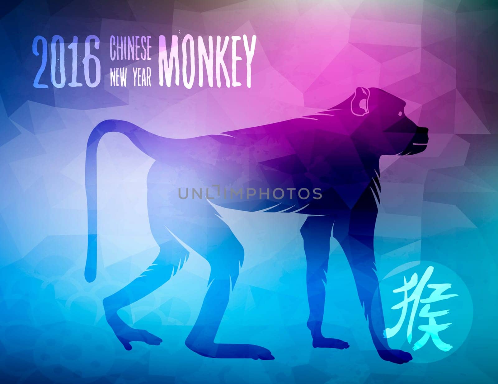 2016 Happy Chinese New Year of the Monkey with colorful low poly triangle background, ape silhouette and traditional calligraphy text. EPS10 vector.