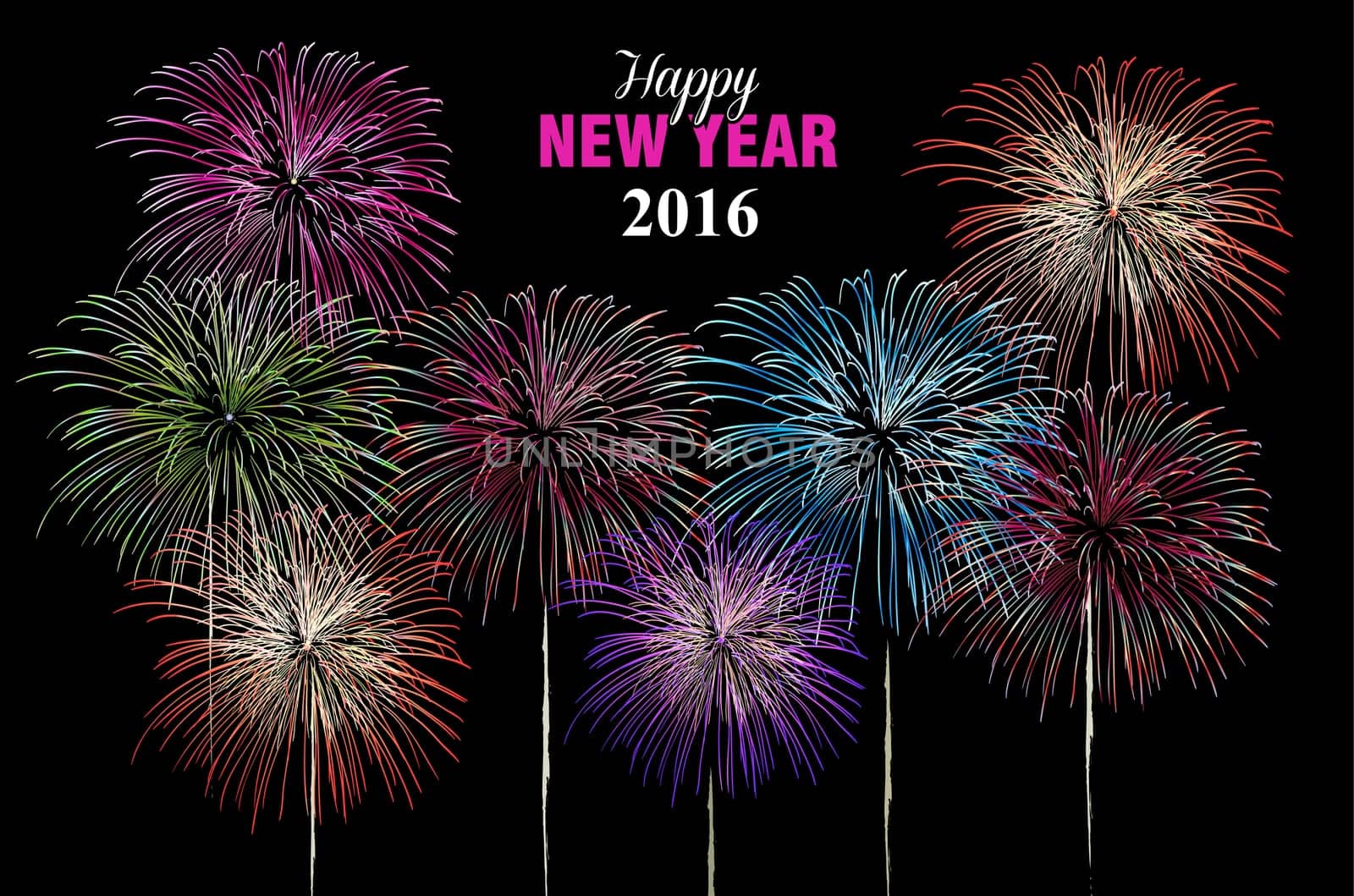 Happy new year celebration 2016 fireworks explosion in the night sky. Ideal for holiday greeting card, poster or web. EPS10 vector.