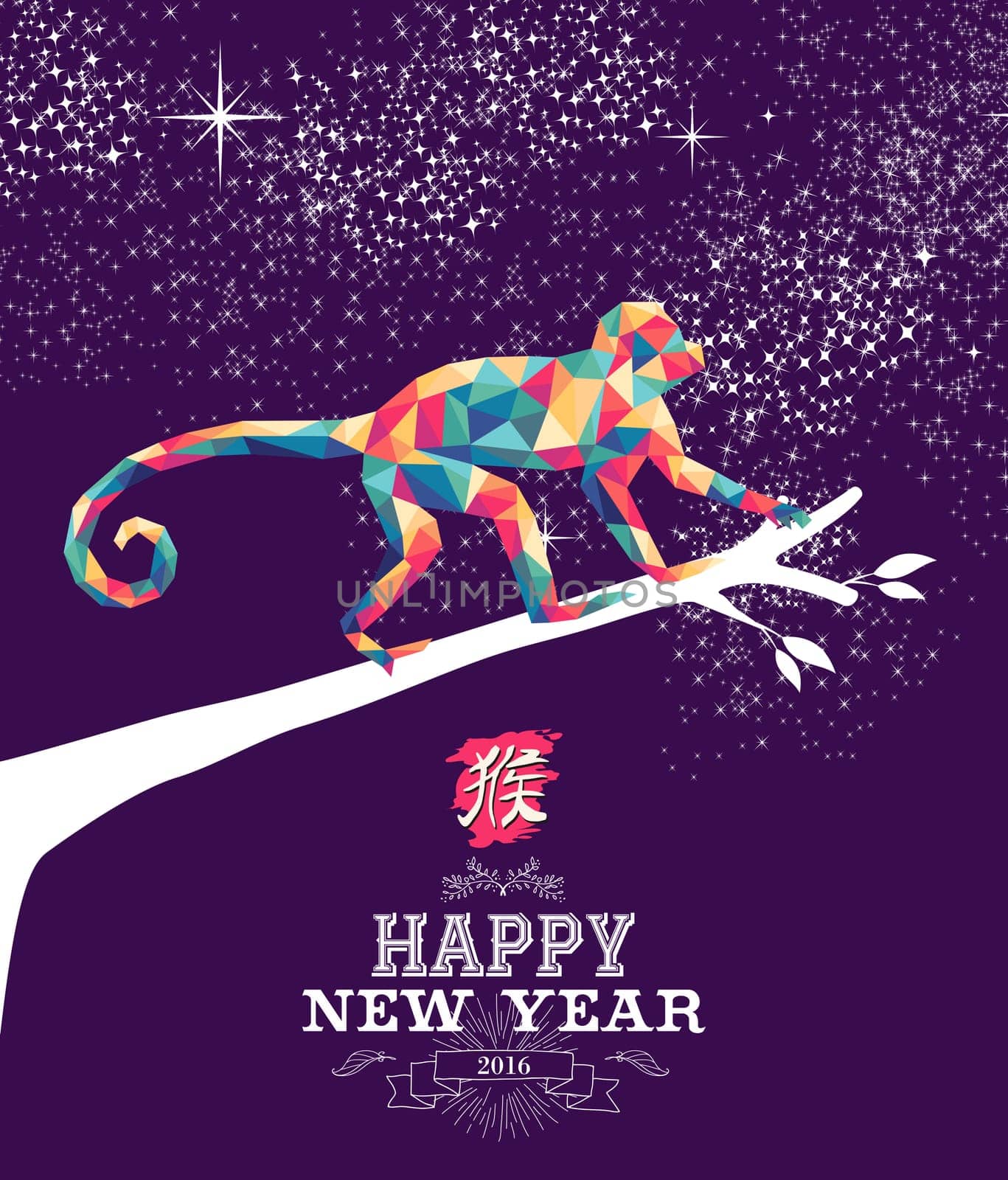 2016 Happy Chinese New Year of the Monkey with colorful hipster low poly triangle ape on tree branch and traditional calligraphy text. EPS10 vector.