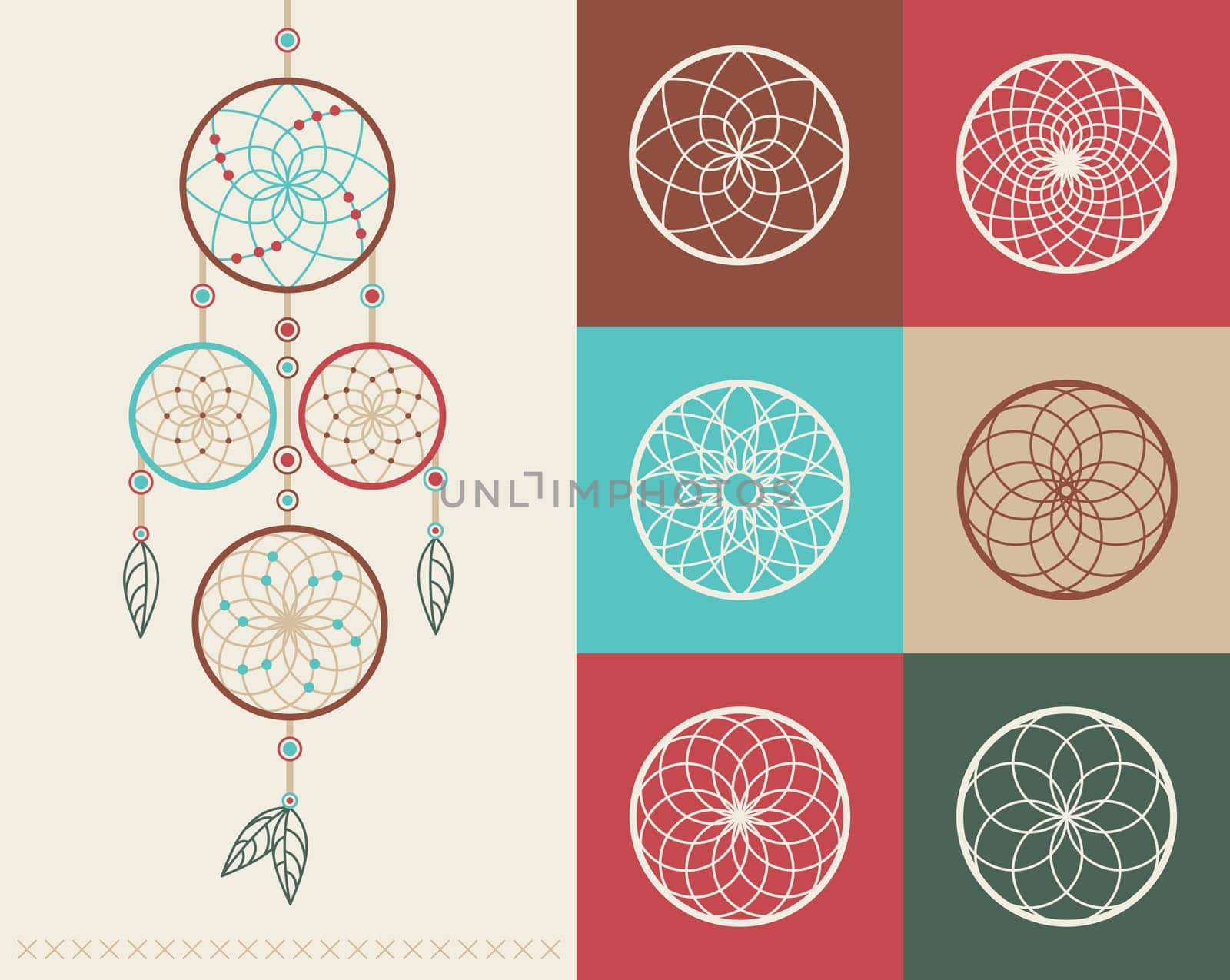 Set of Dream catcher boho colorful flat line style icons illustration. Ideal for t-shirt stamp, print poster and greeting card design. EPS10 vector file.