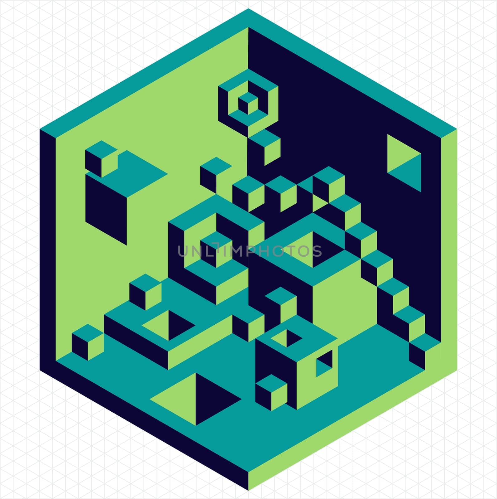 Abstract isometric 3d cubes and polygonal shapes with isolated grid background. EPS10 vector file.