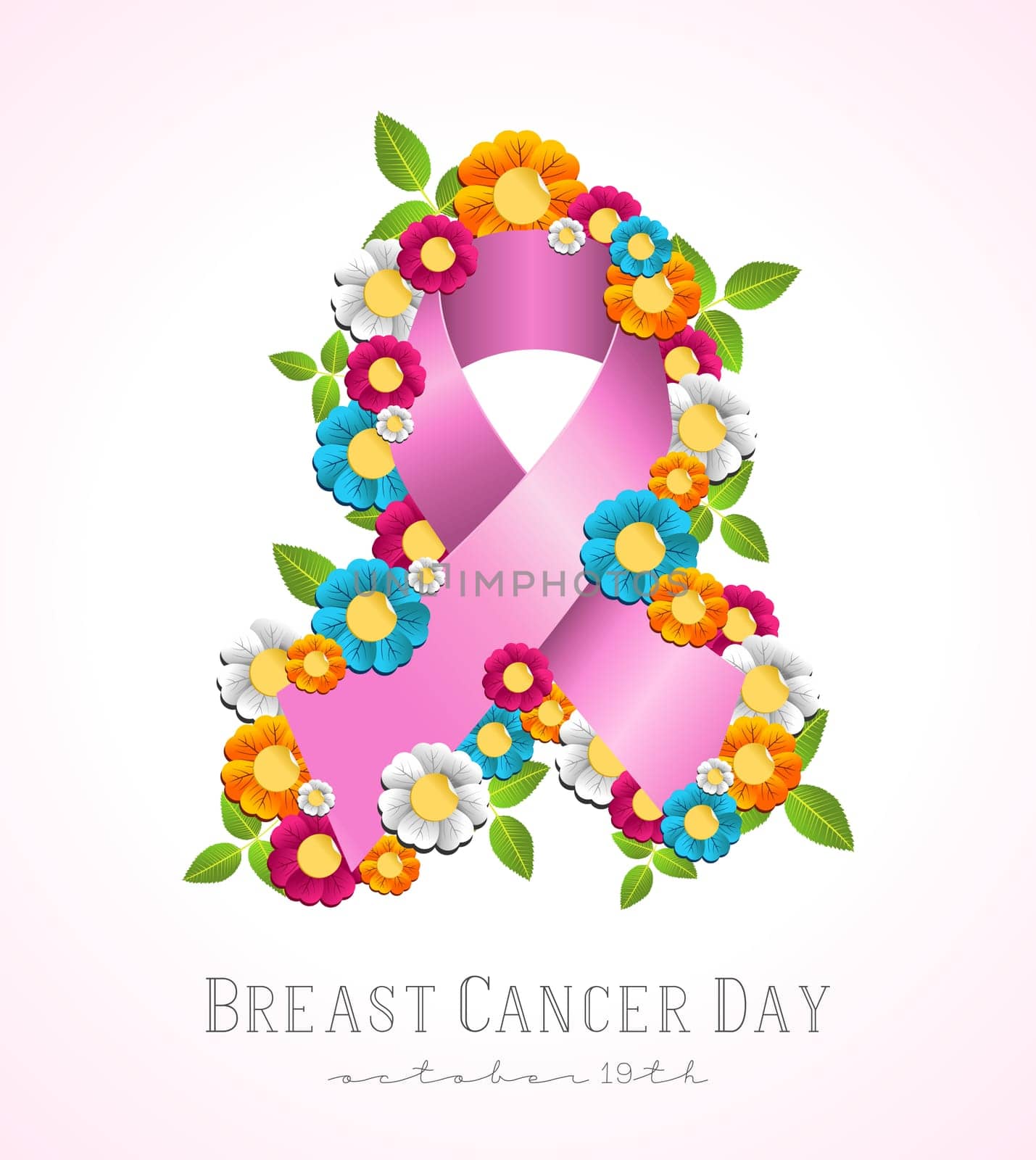 Breast cancer day composition of pink ribbon with colorful spring flower elements and text over white background. EPS10 vector file.