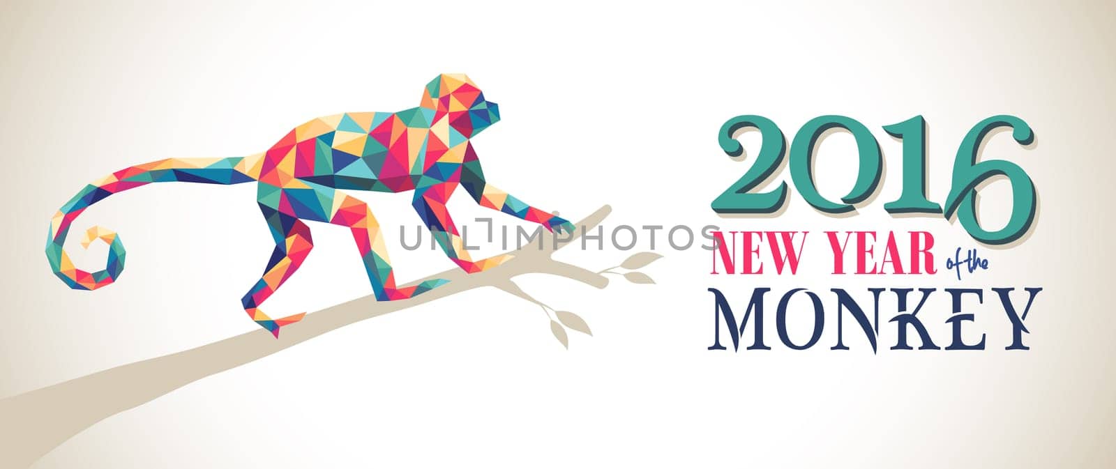 2016 Happy Chinese New Year of the Monkey banner with colorful hipster low poly triangle ape on tree branch and text. EPS10 vector.