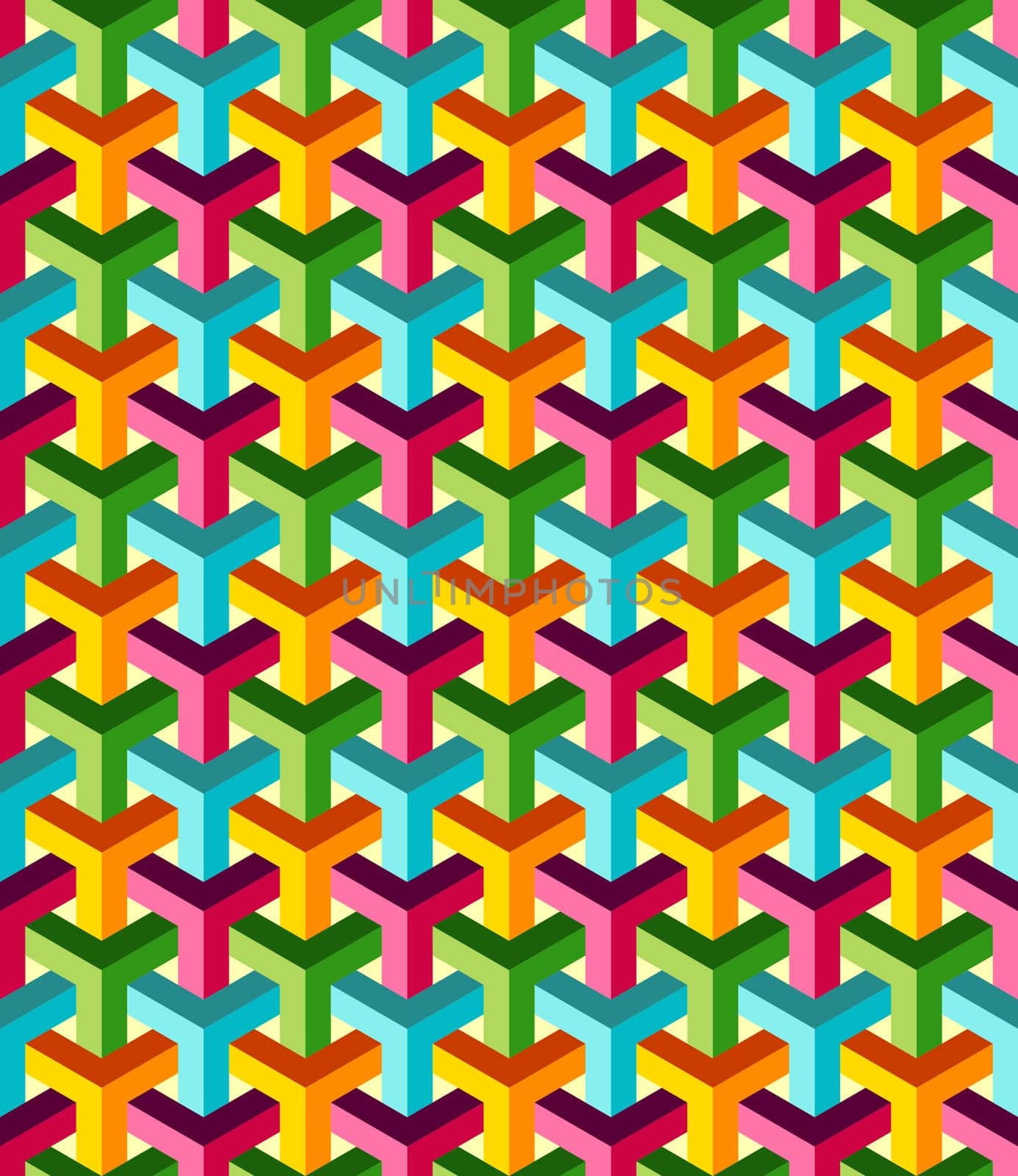 Abstract isometric 3d colorful shapes seamless pattern background. Ideal for fabric design, wrapping paper and website backdrop. EPS10 vector file.