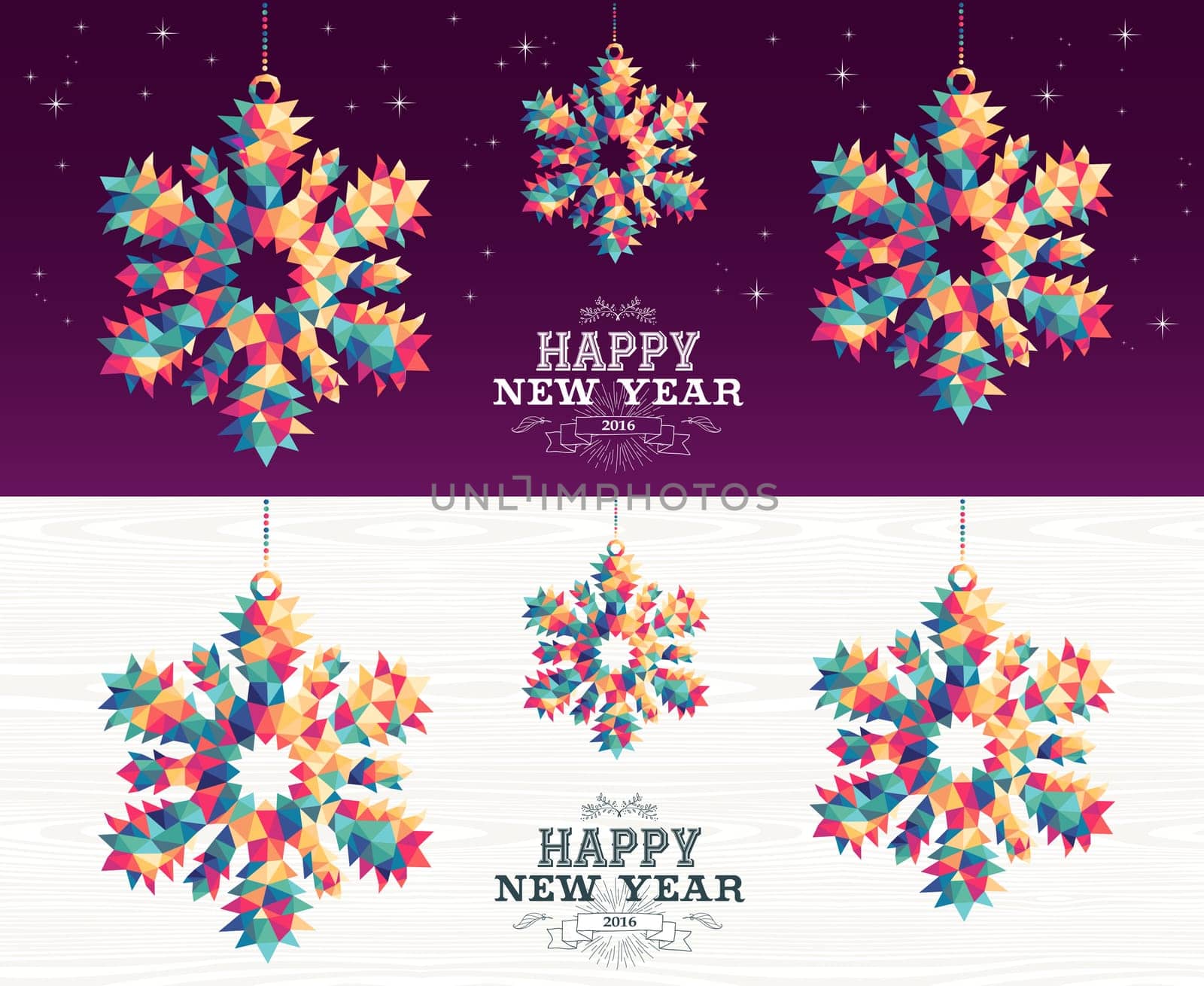 Happy new year 2016 colorful hipster triangle snowflake holiday ornaments banner set with night sky and wood background. EPS10 vector.