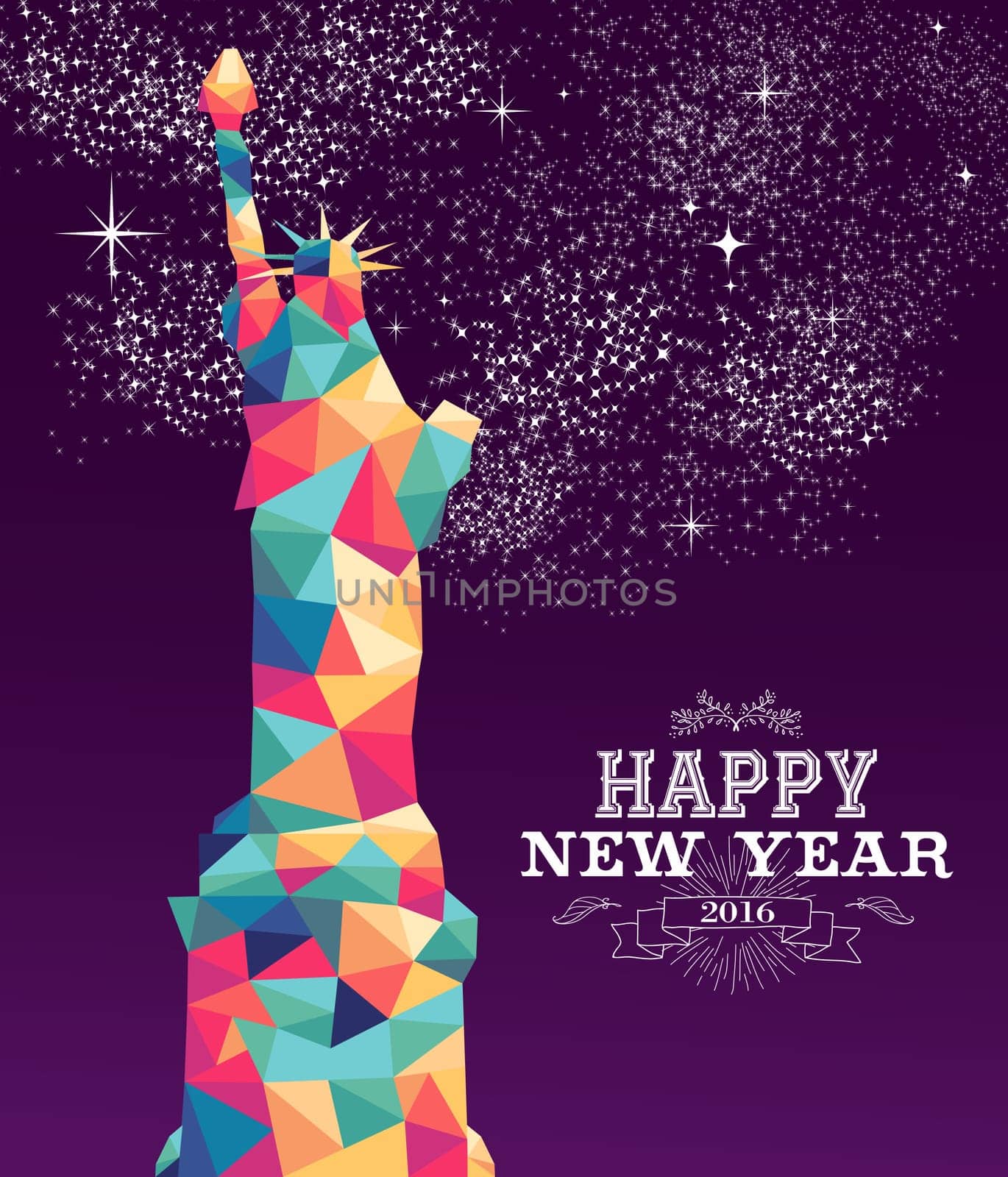 Happy new year 2016 greeting card or poster design with colorful triangle New York and vintage label illustration. EPS10 vector..