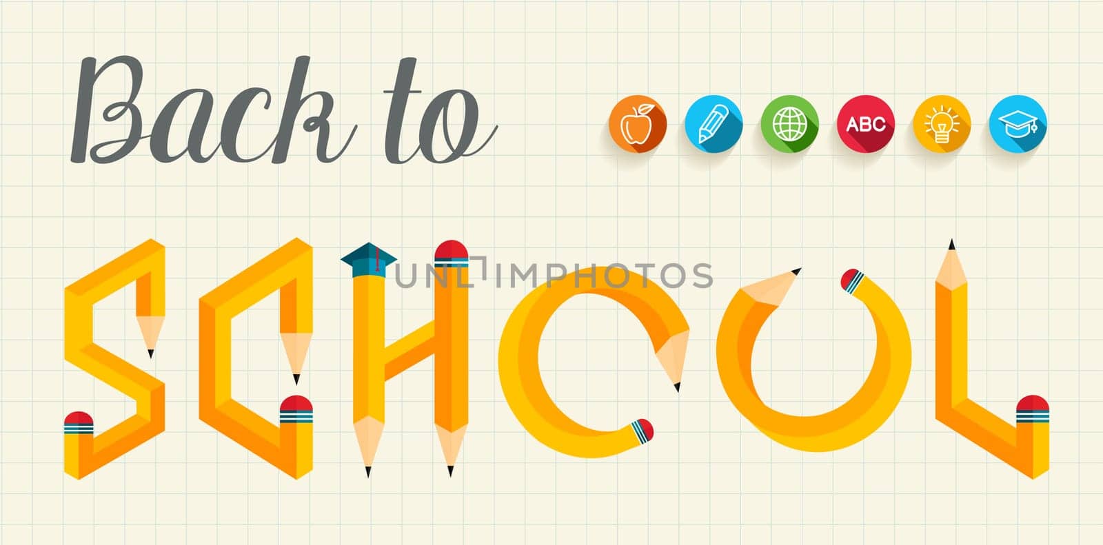 Back to school banner with creative letters pencil shape illustration. Ideal for web banner, education book cover and poster print. EPS10 vector file.