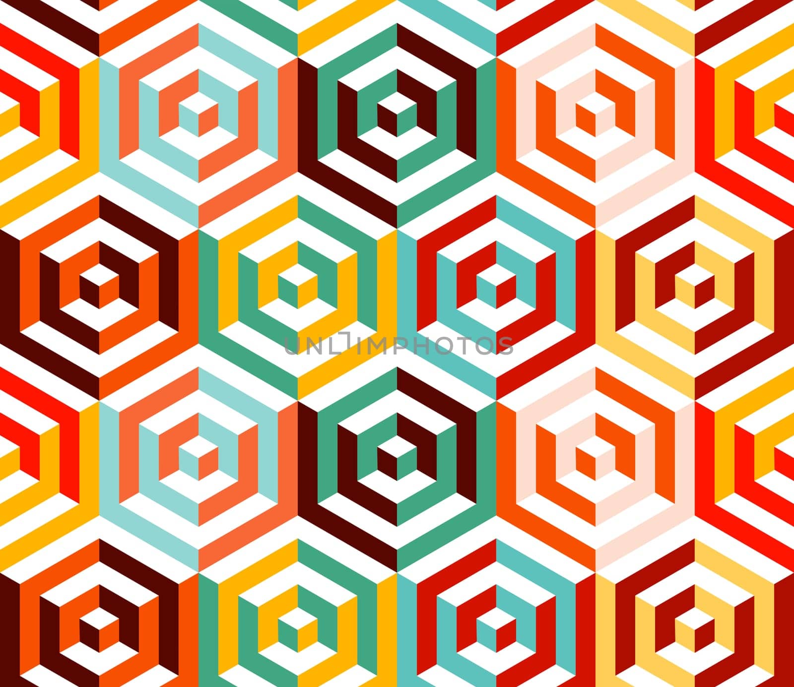 Abstract isometric 3d retro colorful hexagonal shapes seamless pattern background. Ideal for fabric design, wrapping paper print and website backdrop. EPS10 vector file.