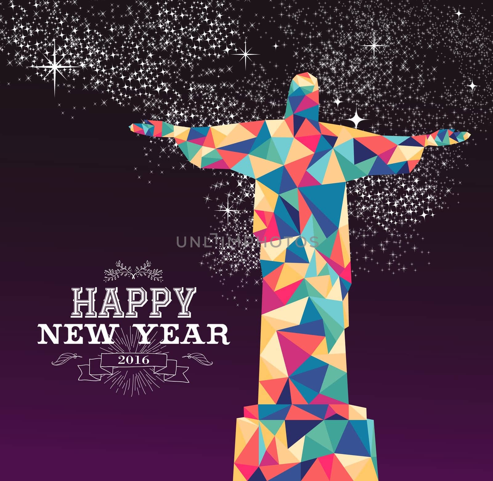 Happy new year 2016 greeting card or poster design with colorful triangle Rio Brazil statue and vintage label illustration. EPS10 vector.