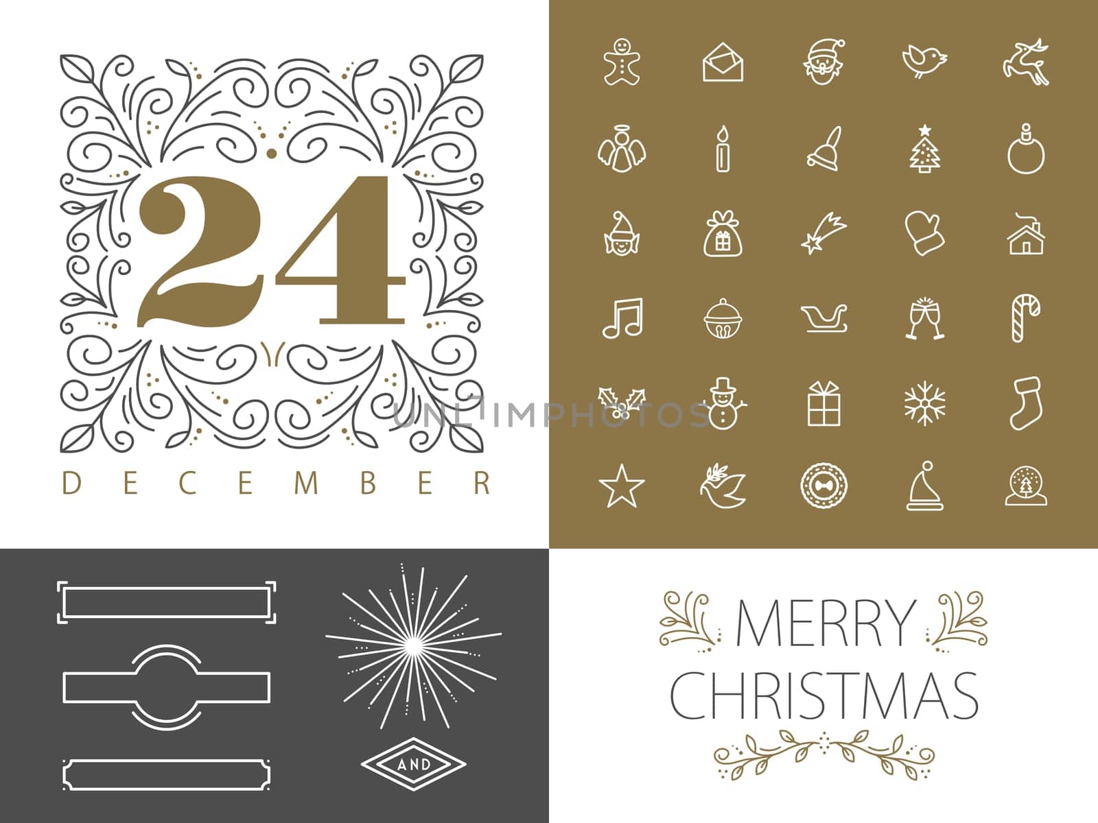 Merry Christmas retro vintage hipster set of monogram frames borders and icons in  line style design. Ideal for greeting card and xmas print poster. EPS10 vector file.