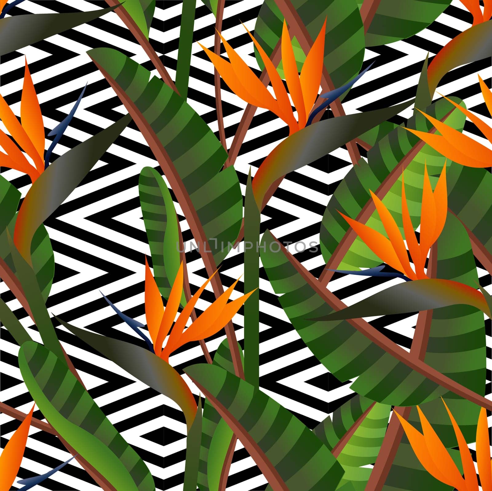 Colorful retro bird of the paradise flowers and geometric seamless pattern background. Ideal for fabric, wrapping paper and cover design. EPS10 vector file.