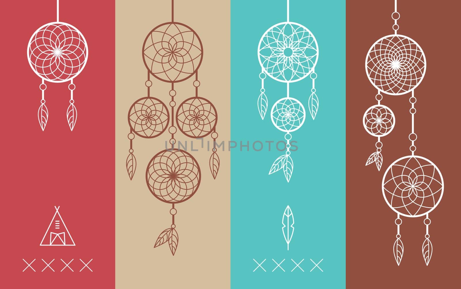 Set of Dream catcher boho icons simple line style illustration. Ideal for t-shirt stamp, print poster and greeting card design. EPS10 vector file.