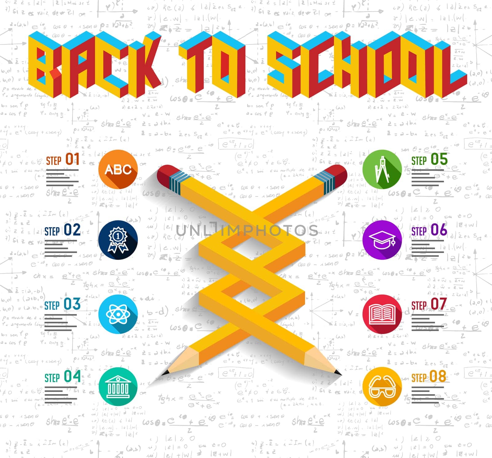 Back to school concept infographic with impossible pencil shape illustration and education elements seamless pattern background. EPS10 vector file.