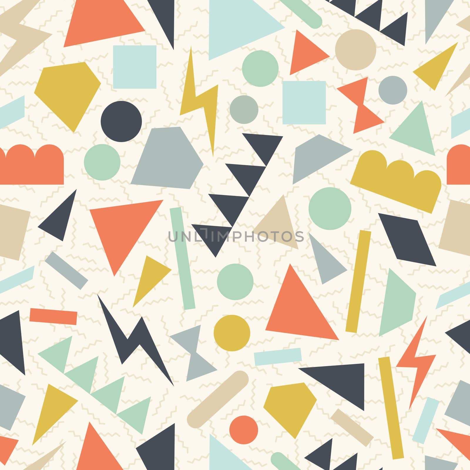 Retro vintage 80s memphis geometric fashion style seamless pattern illustration background. Ideal for fabric design, paper print and website backdrop. EPS10 vector file.