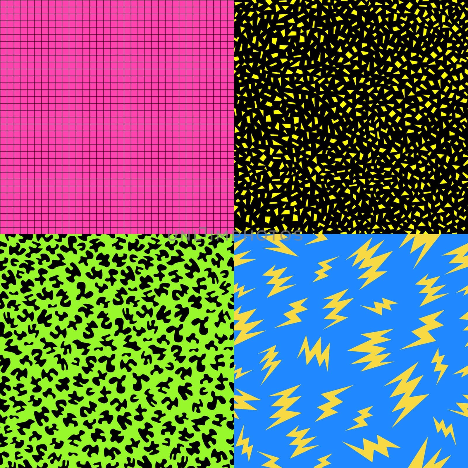 Set of retro vintage 80s memphis fashion style seamless pattern illustration background. Ideal for fabric design, paper print and website backdrop. EPS10 vector file.