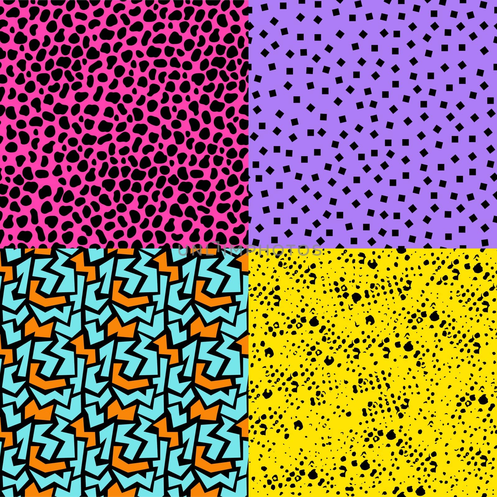 Set of retro vintage 80s memphis fashion style seamless pattern illustration background. Ideal for fabric design, paper print and website backdrop. EPS10 vector file.