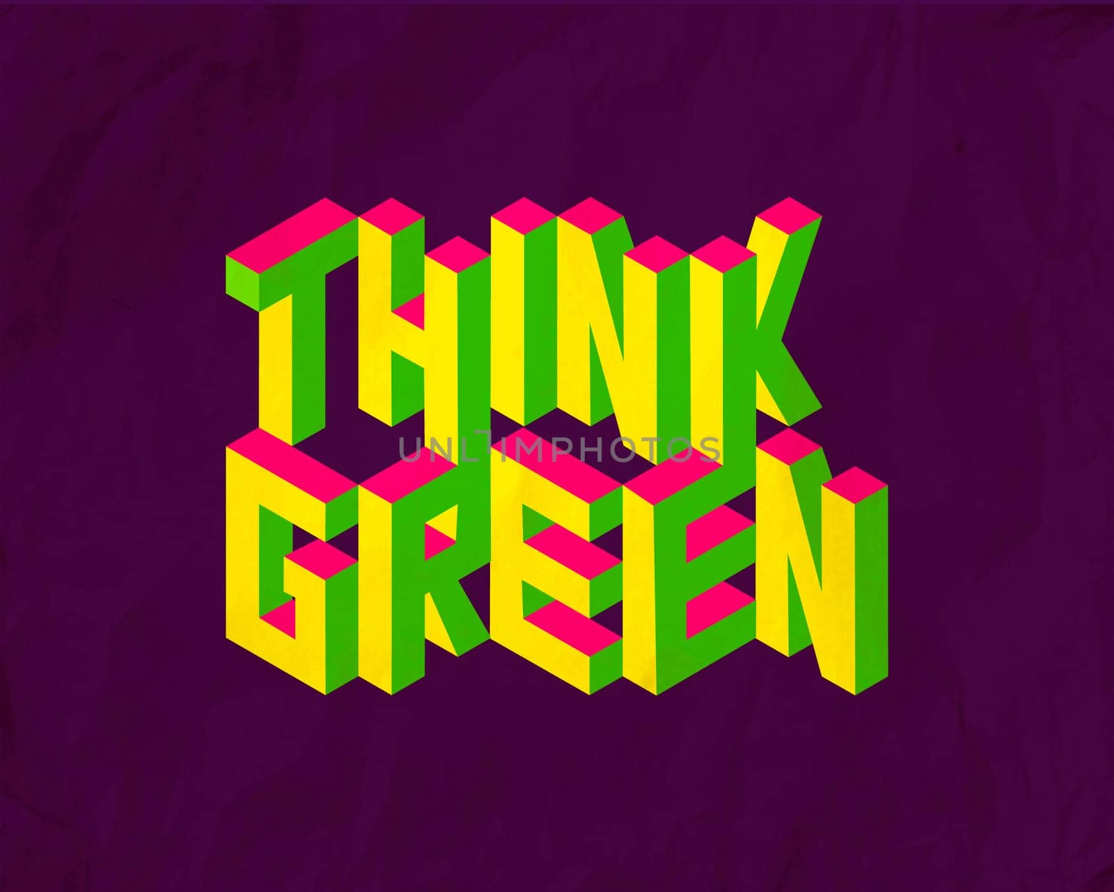 Isometric text Think Green quote idea with paper sheet design background illustration. Ideal for create your own postcard, brochure or marketing campaign. EPS10 vector file.
