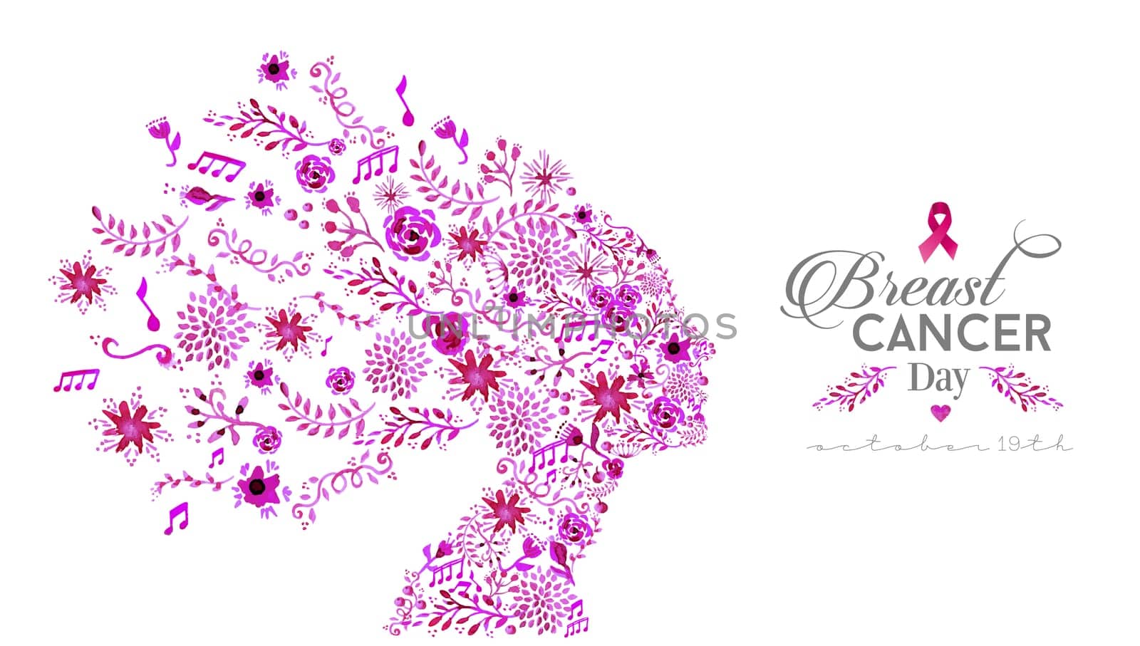October 19 World breast cancer awareness day watercolor concept illustration. Woman silhouette with hand drawn floral and pink nature symbols as hair background. EPS10 vector file.