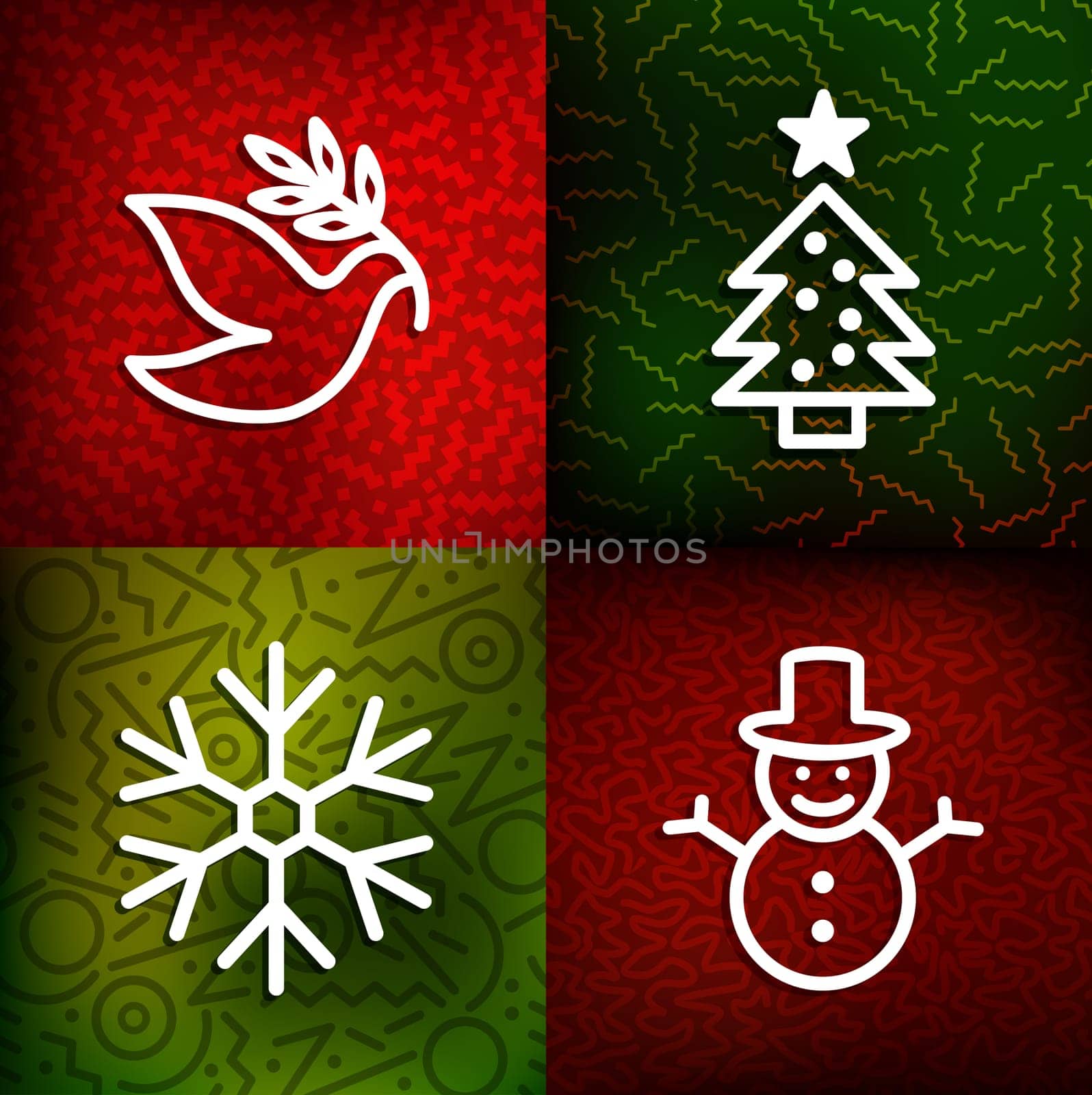 Christmas line art icons over vintage 80s background set