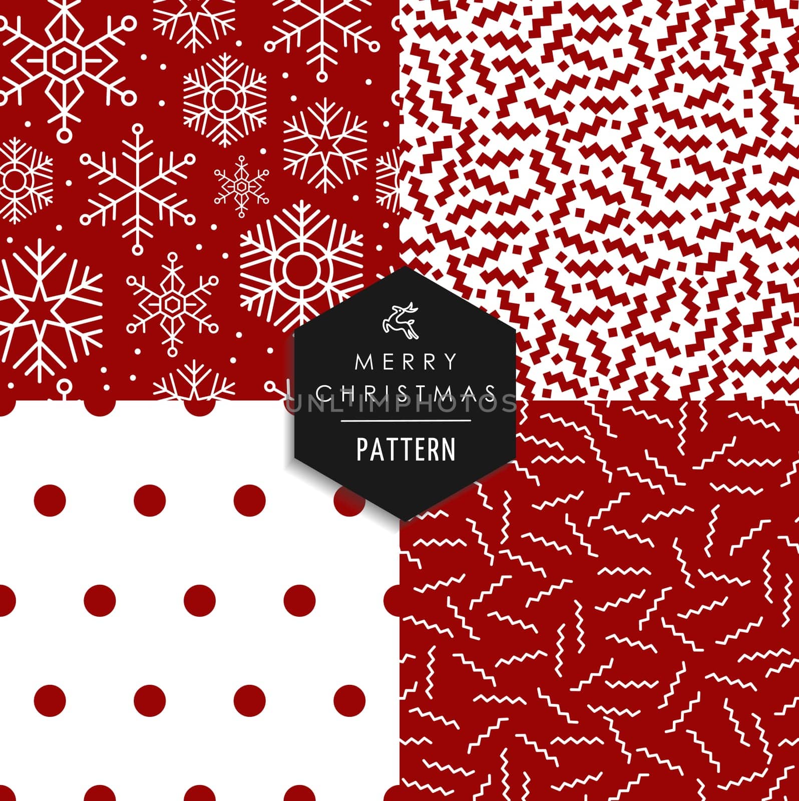 Merry Christmas hipster 80s vintage style seamless pattern set. Red white xmas backgrounds with snowflakes, lines, shapes, and dots elements. EPS10 vector file.
