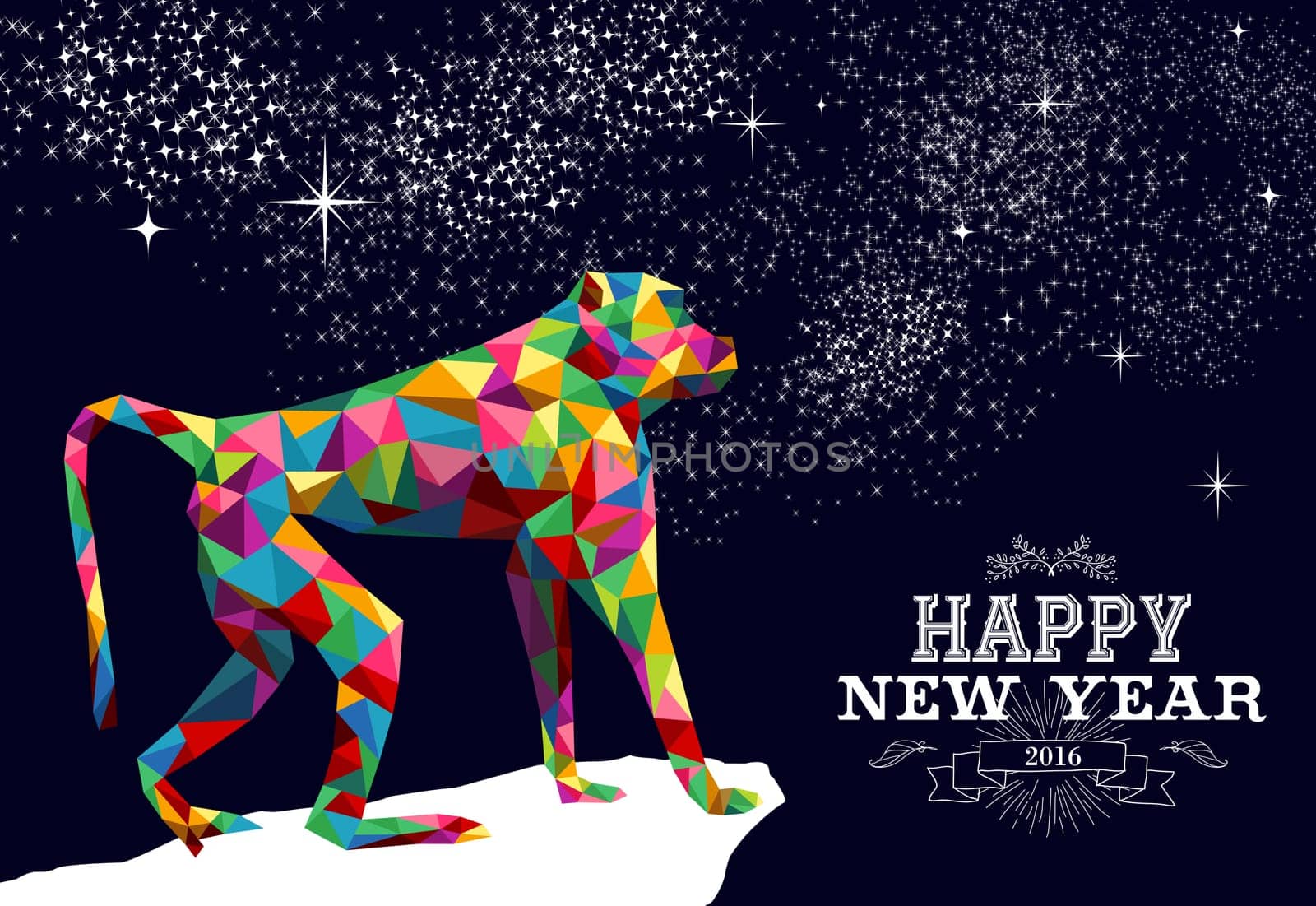 2016 Happy Chinese New Year of the Monkey with colorful hipster low poly triangle ape and label illustration. EPS10 vector.