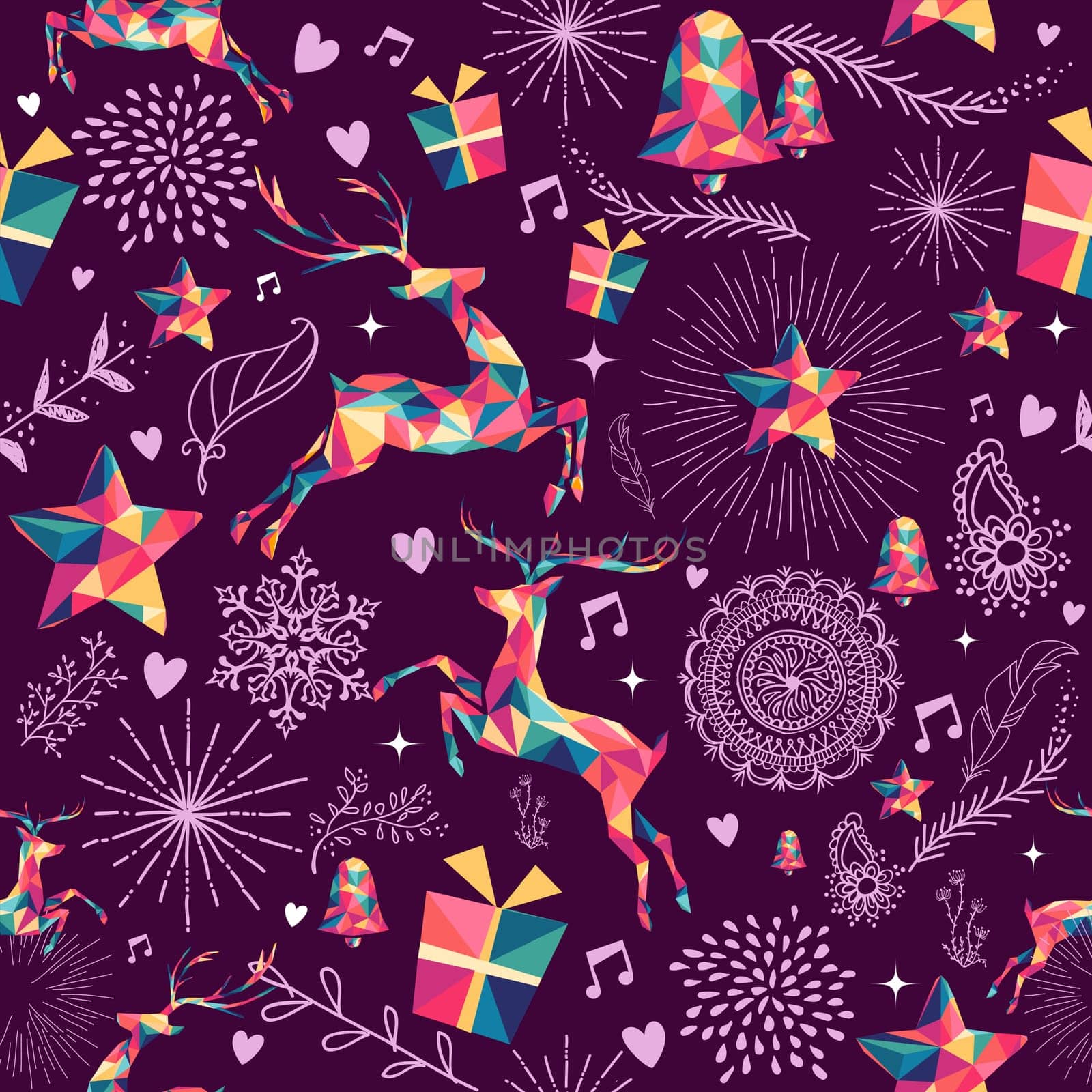 Christmas vintage retro style seamless pattern. Colorful hipster triangle reindeer and holiday elements composition. EPS10 vector.