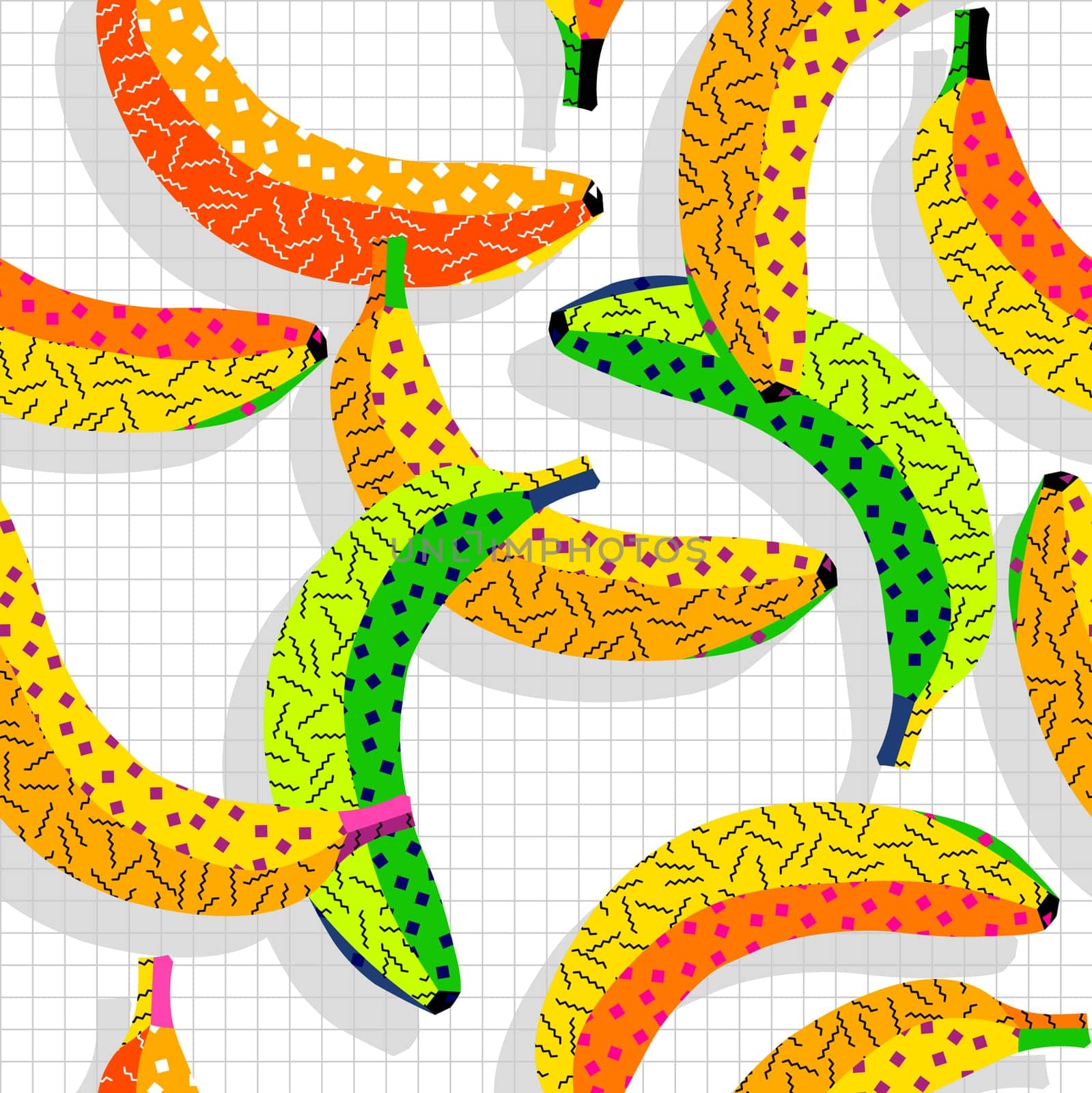 Retro vintage 80s banana food fashion style seamless pattern illustration background. Ideal for fabric design, paper print and website backdrop. EPS10 vector file.